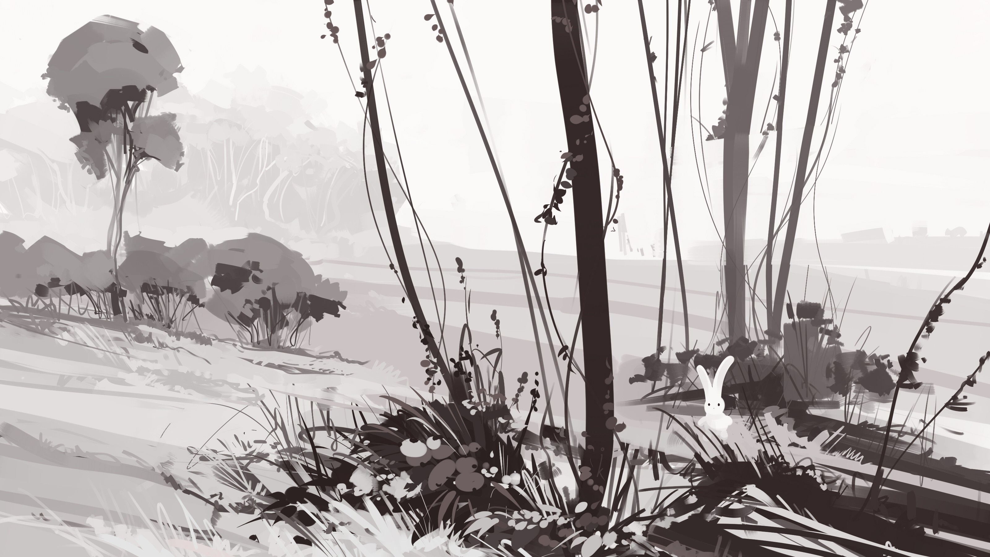 Monochrome sketch of a winter landscape with a rabbit HD Wallpaper