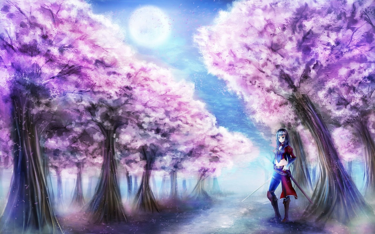 Anime girl with sword under cherry blossom trees HD Wallpaper