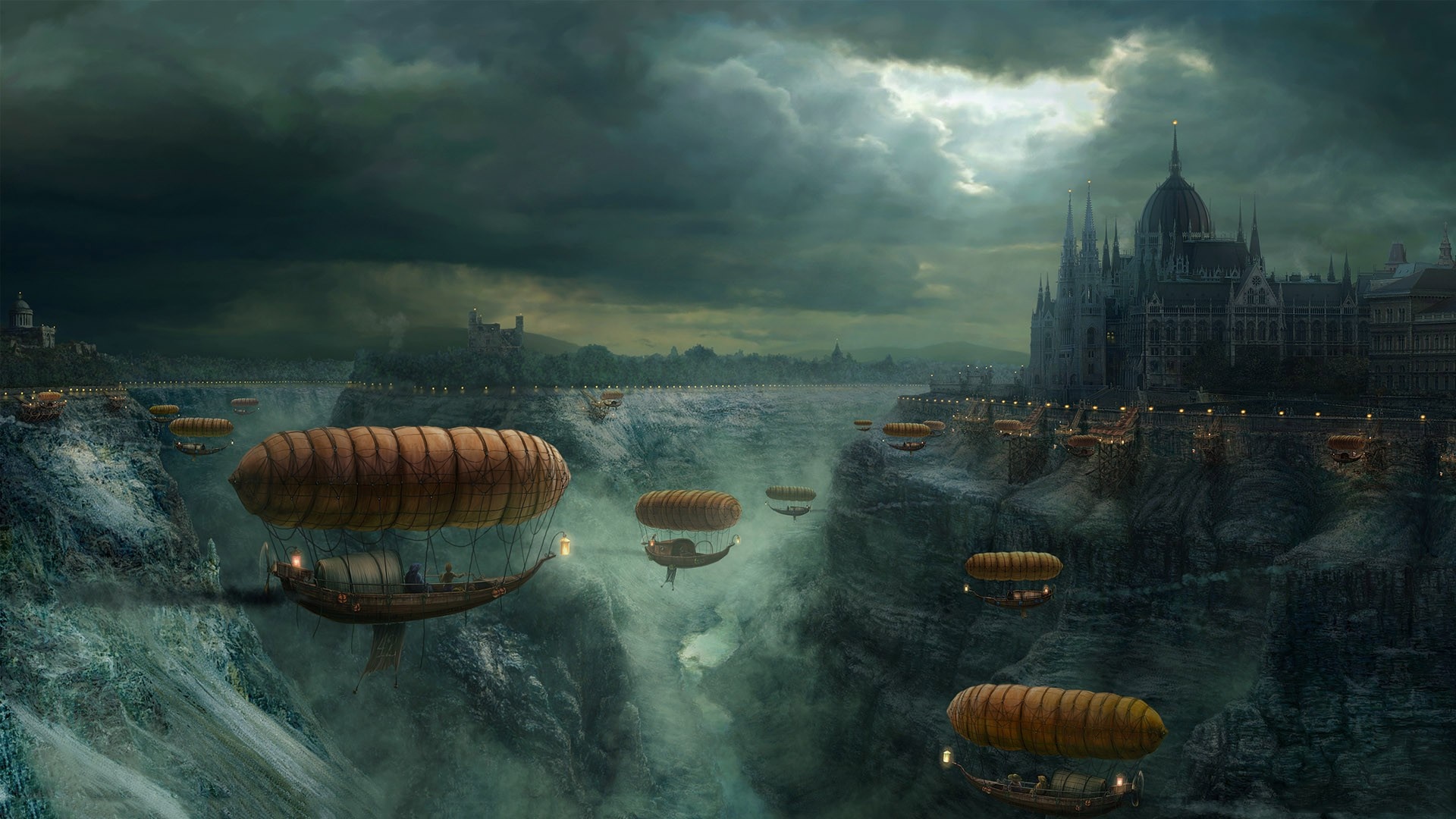 Steampunk airships over a canyon city with a grand cathedral HD Wallpaper