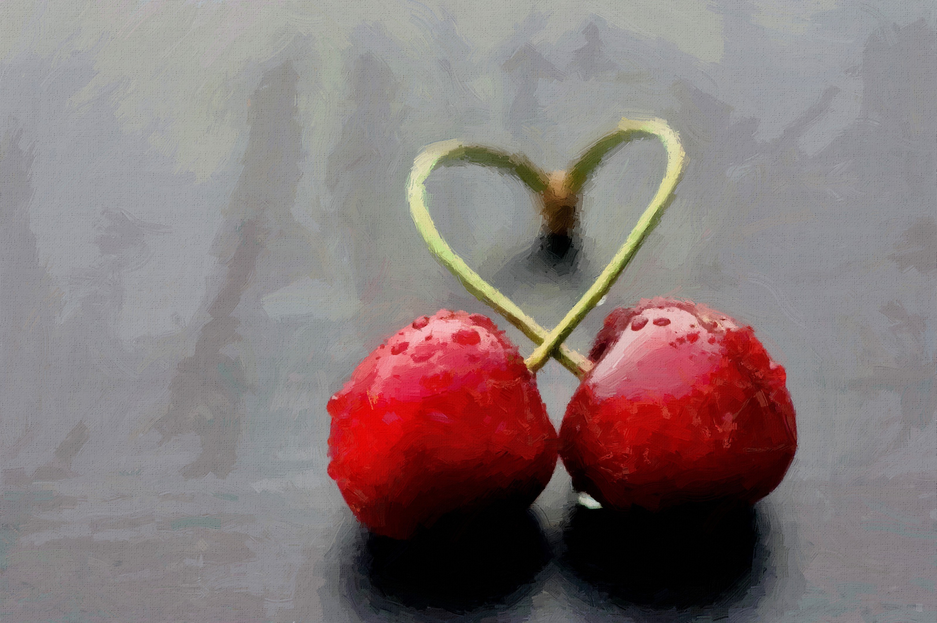 Two cherries with stems forming a heart shape HD Wallpaper