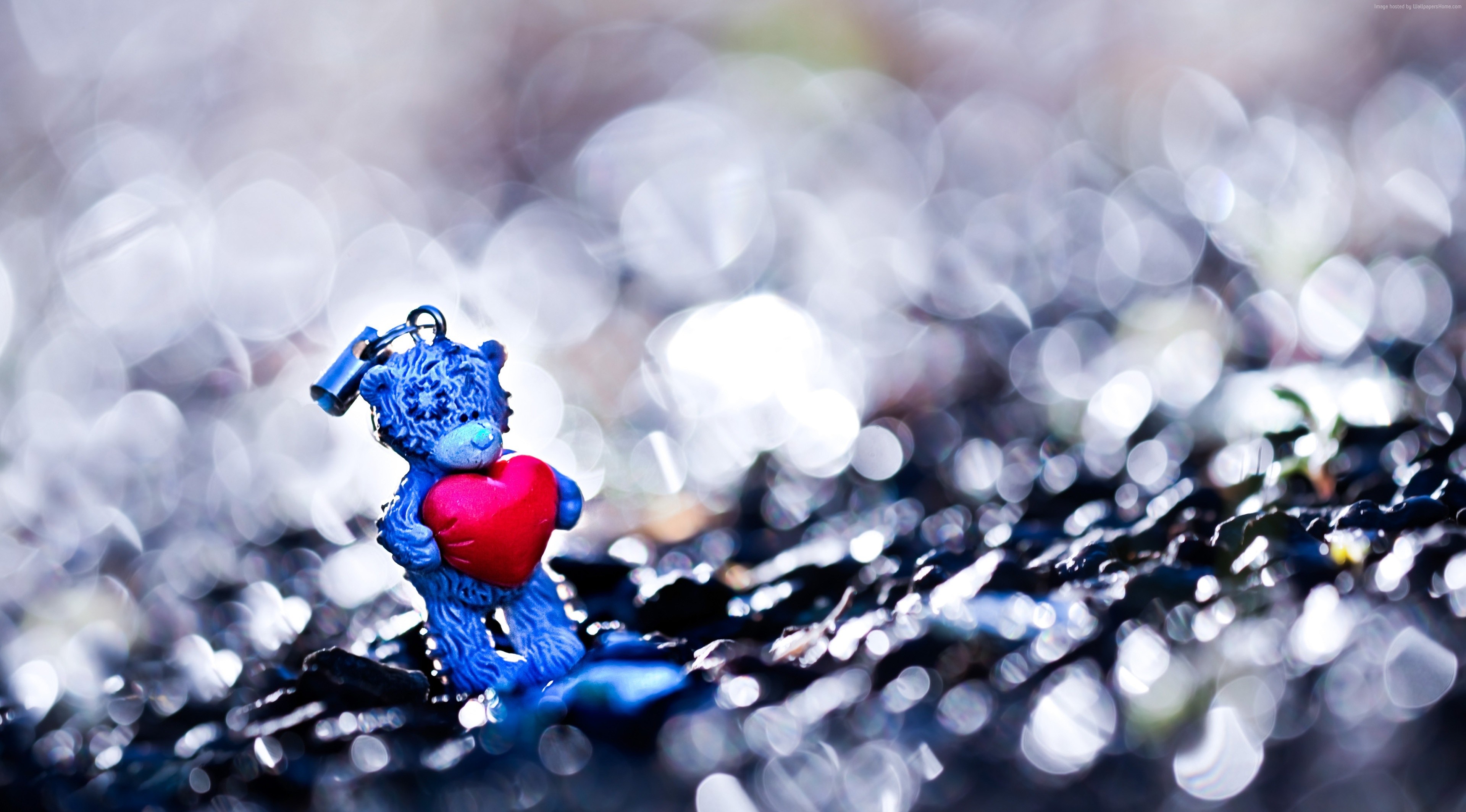 Blue teddy bear with red heart and lock HD Wallpaper
