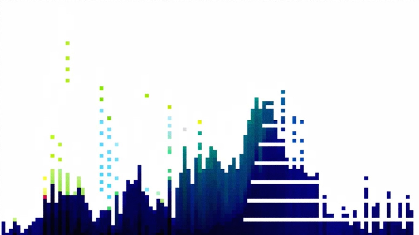 Pixel art city skyline with abstract elements HD Wallpaper