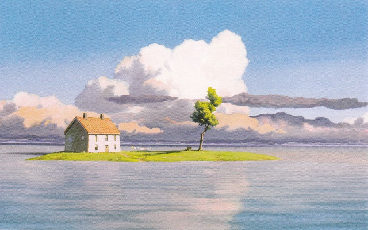 Anime house on an island in the sea HD Wallpaper
