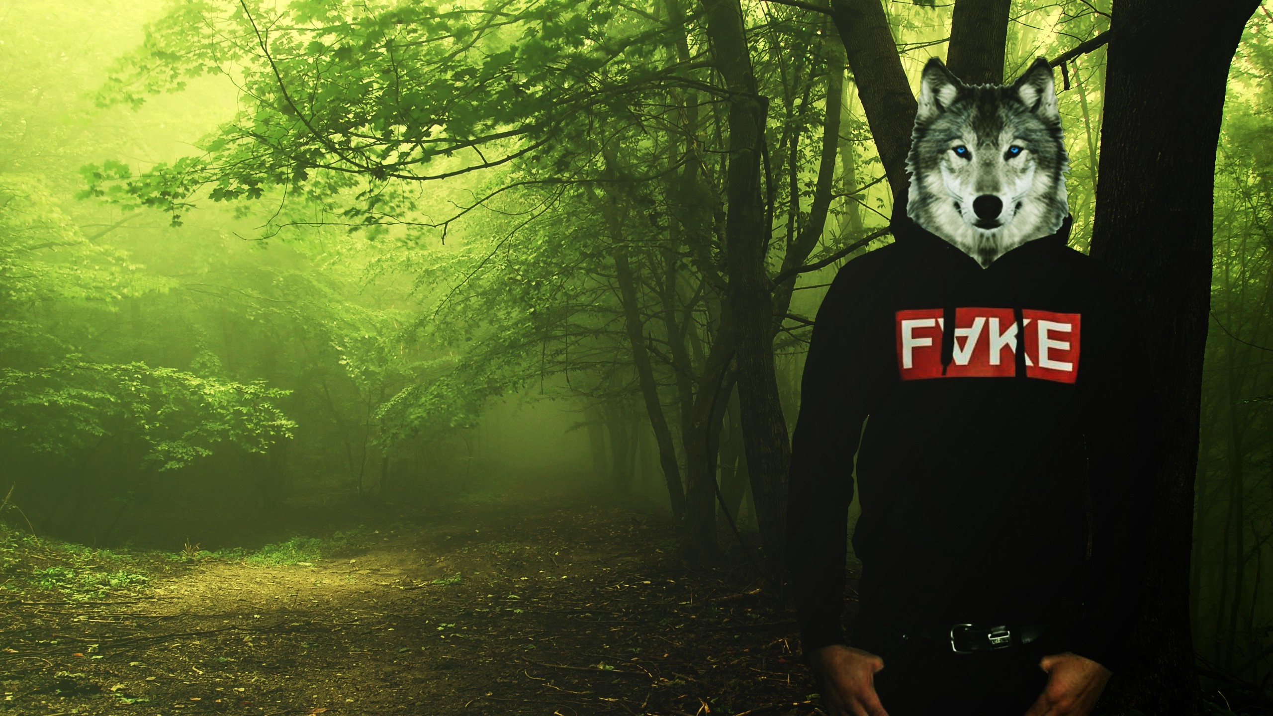 Wolf head on a person in a forest HD Wallpaper