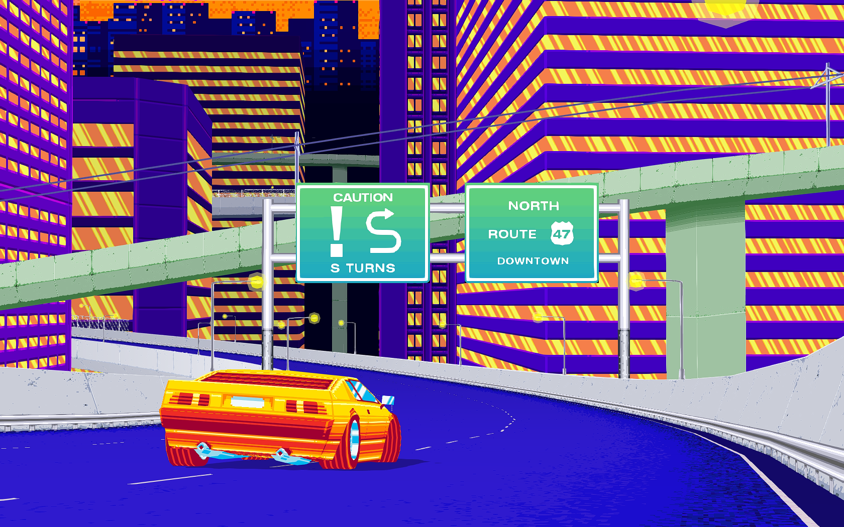 Retro car on a highway in a neon city HD Wallpaper
