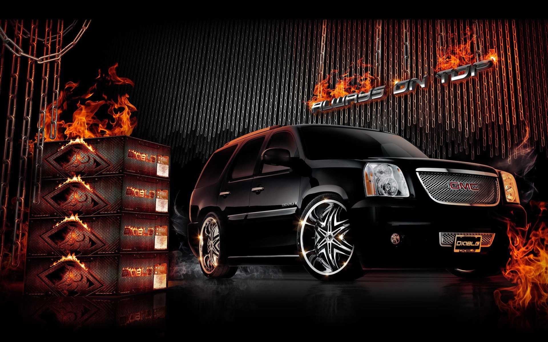 Black GMC SUV with flames and Diablo rims HD Wallpaper