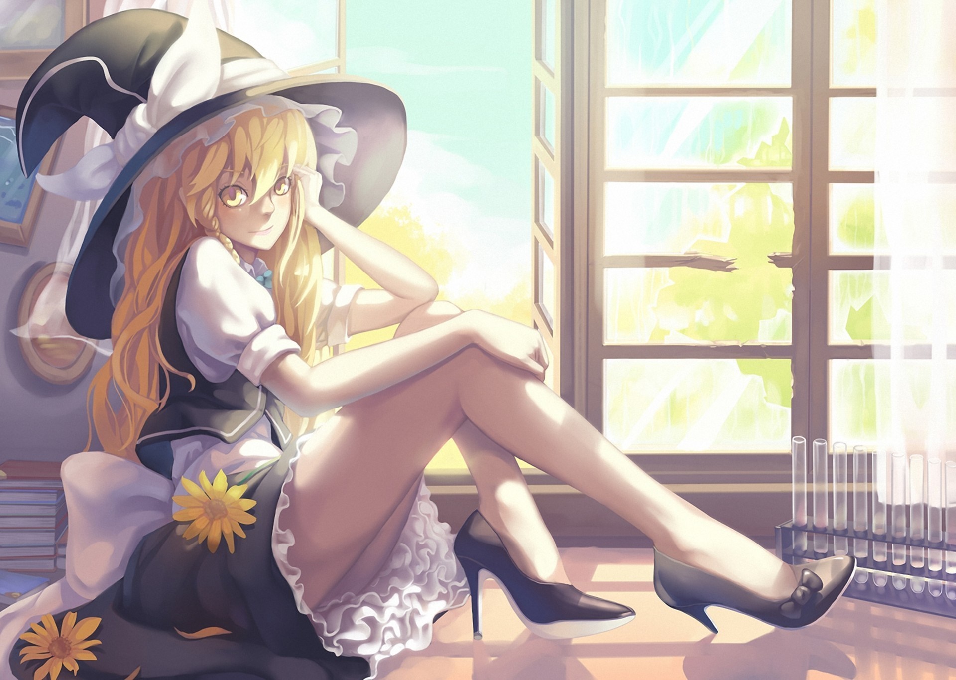 Kirisame Marisa from Touhou sitting by a window HD Wallpaper
