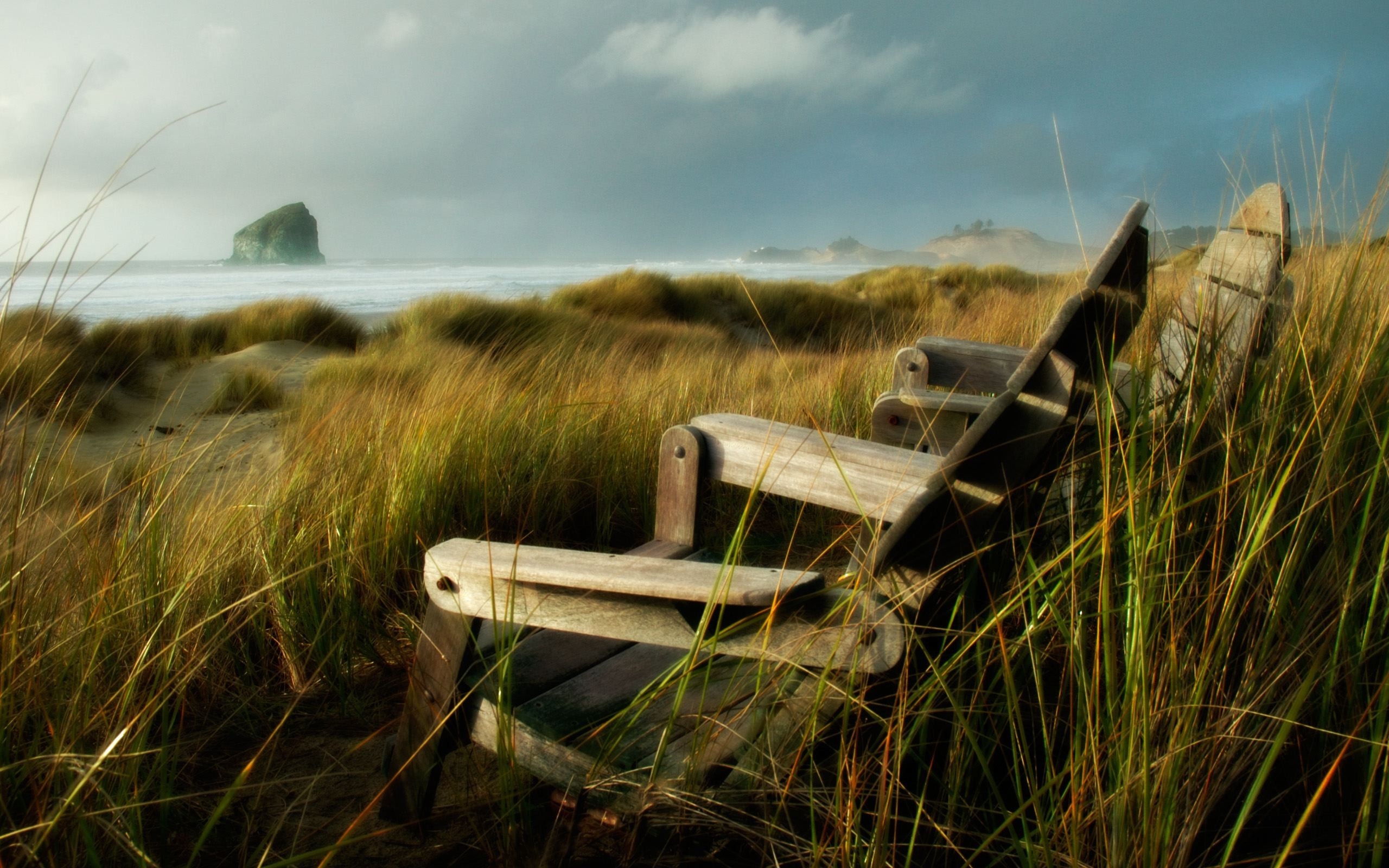 Wooden bench on a grassy dune overlooking the sea HD Wallpaper
