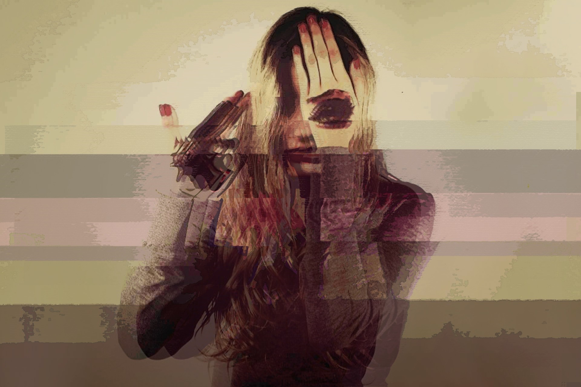 Woman with hand over face and gun to head HD Wallpaper