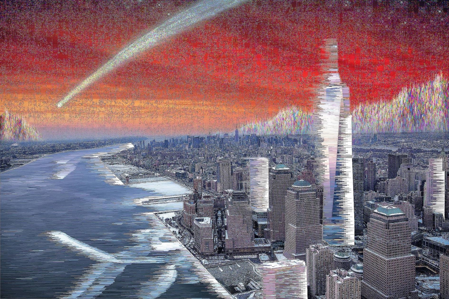 Glitch Art Cityscape with Comet Over New York City HD Wallpaper