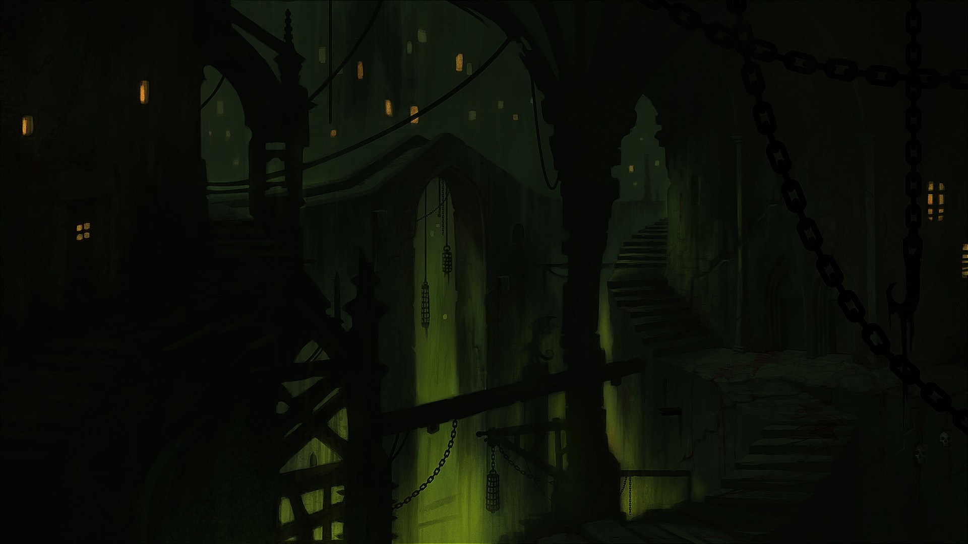 Concept art of a dark, eerie castle interior HD Wallpaper