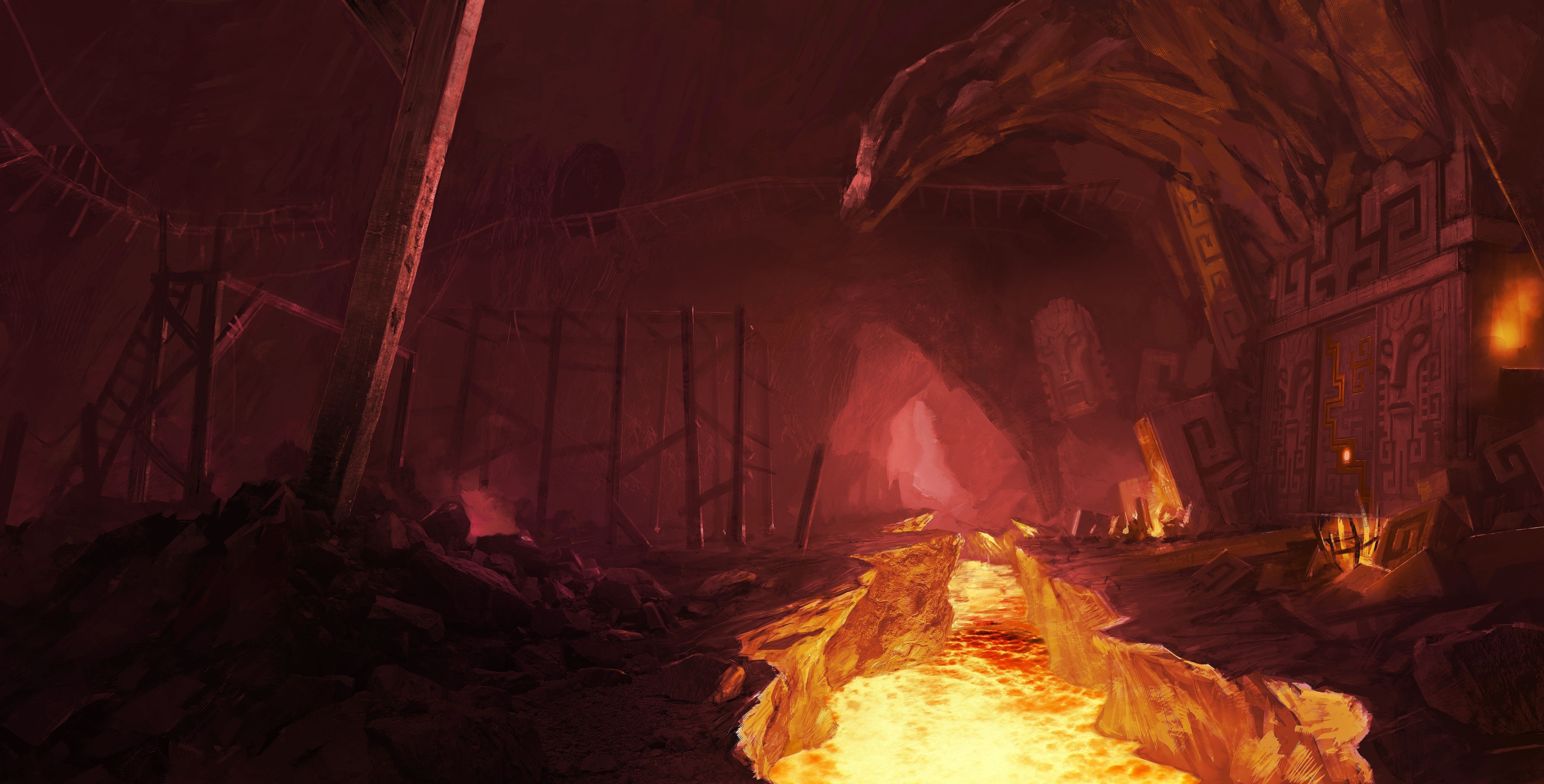 Lava cave with ancient structures and wooden scaffolding HD Wallpaper