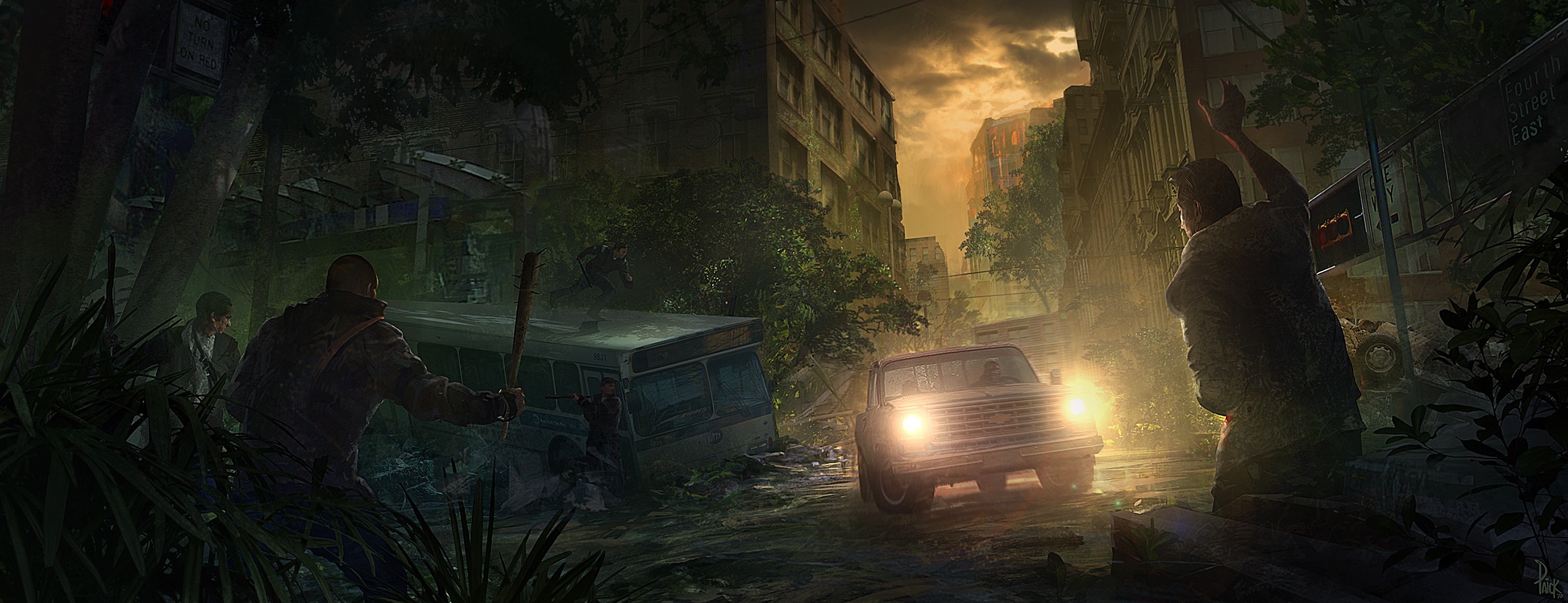 Survivors in a post-apocalyptic city with a truck HD Wallpaper