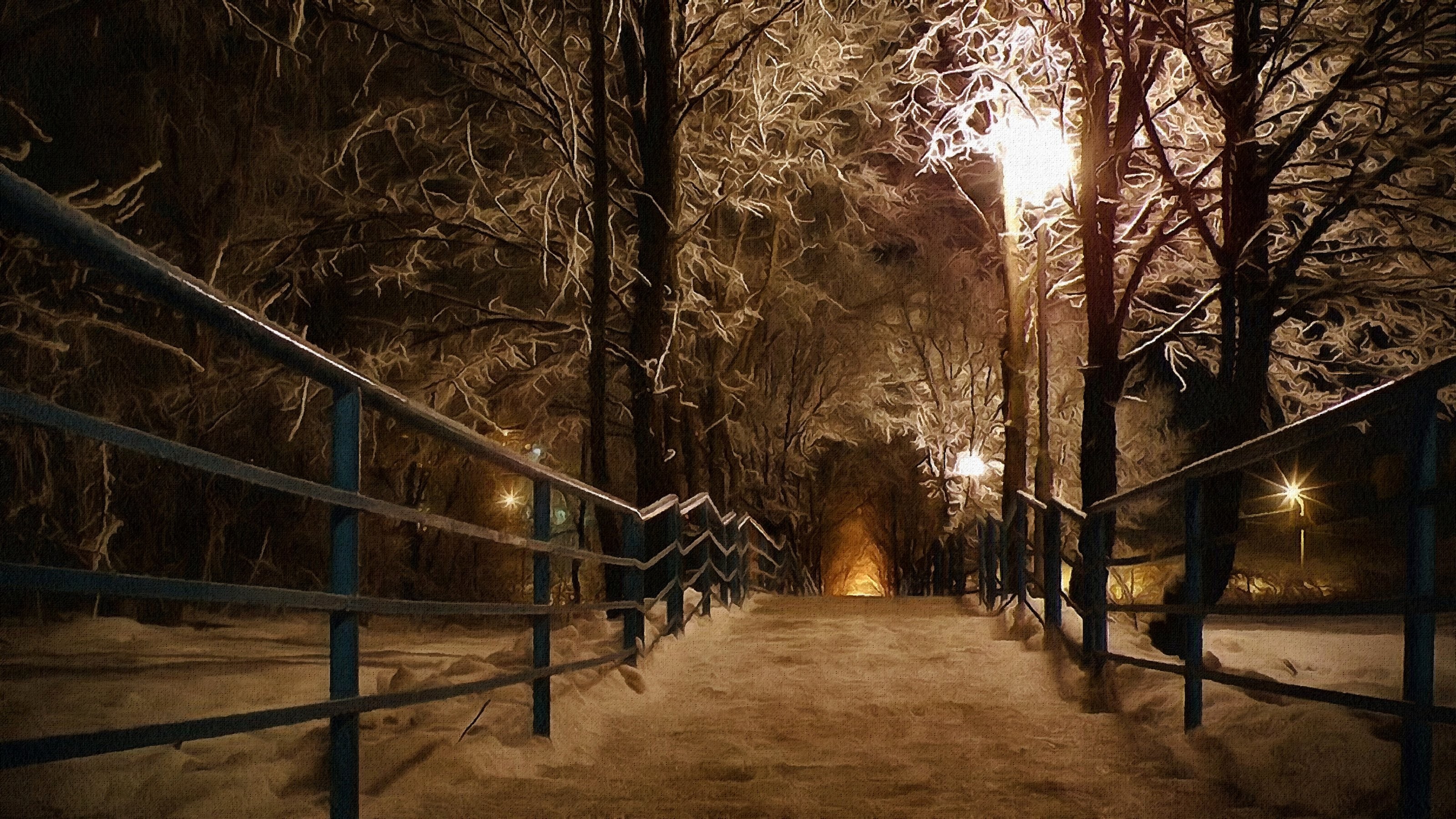 Snowy park path at night with streetlights HD Wallpaper