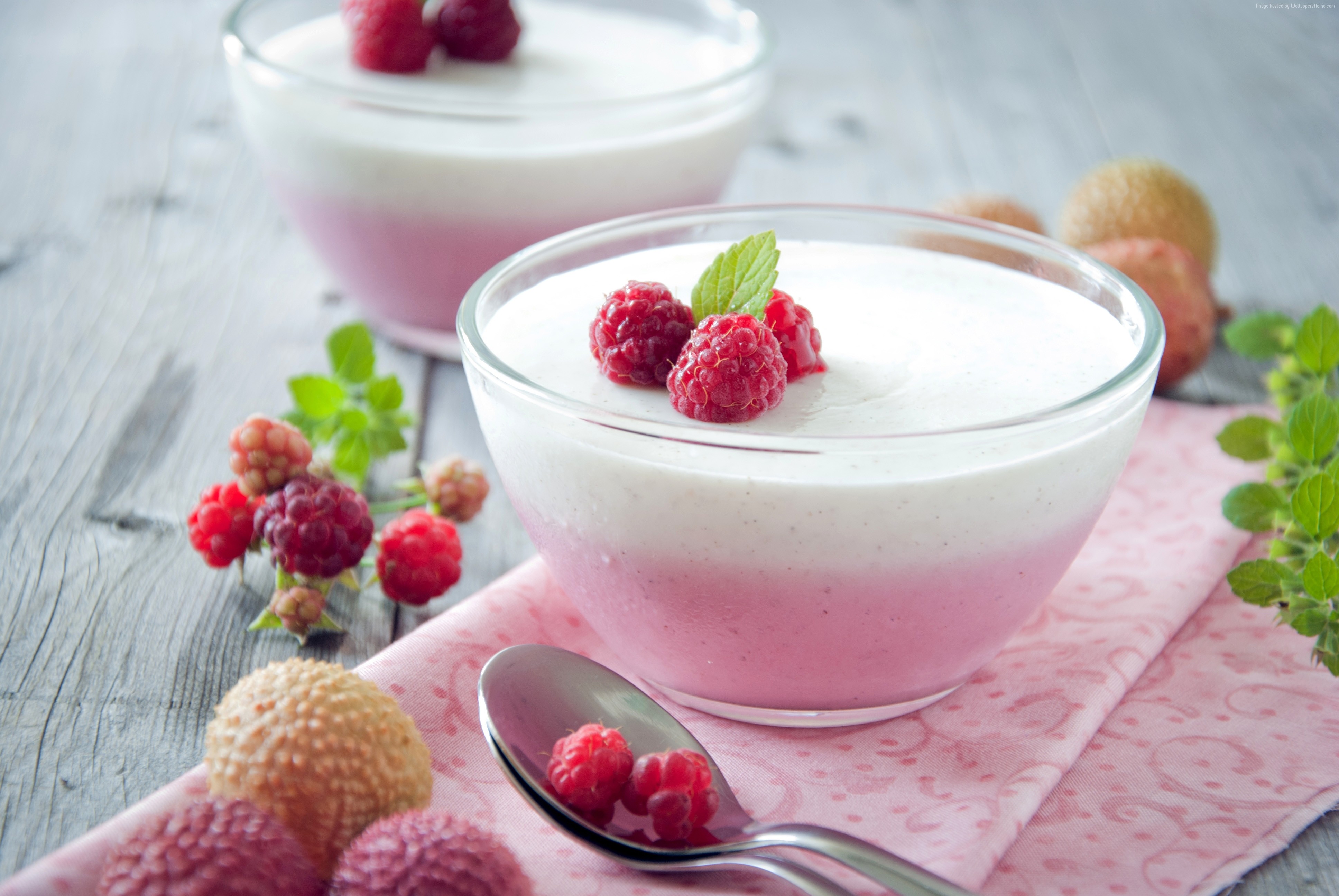 Raspberry and milk dessert with fresh berries HD Wallpaper
