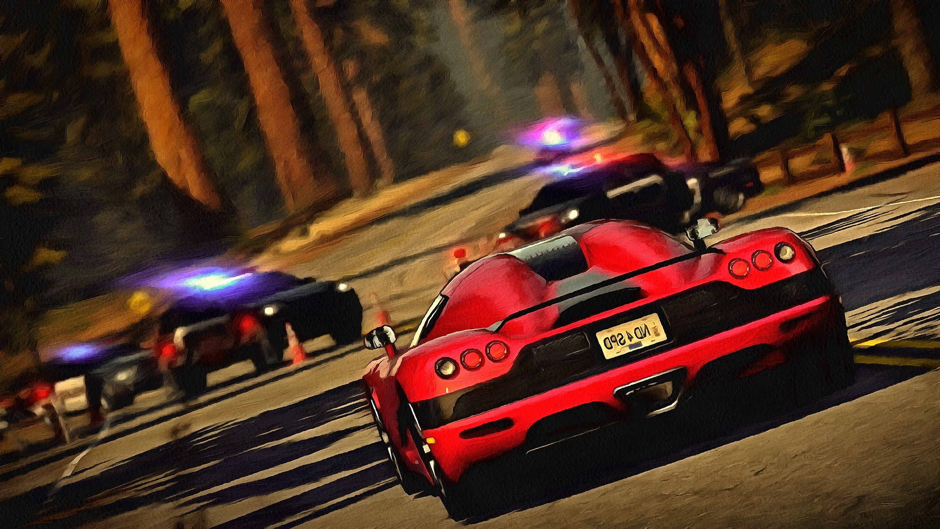 Red sports car pursued by police cars on a forest road HD Wallpaper