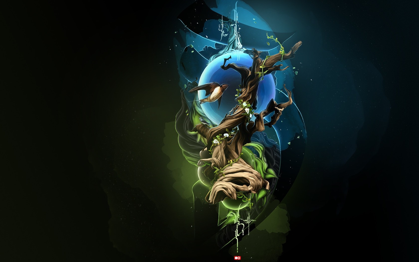 Fantasy tree with bird and blue orb illustration HD Wallpaper