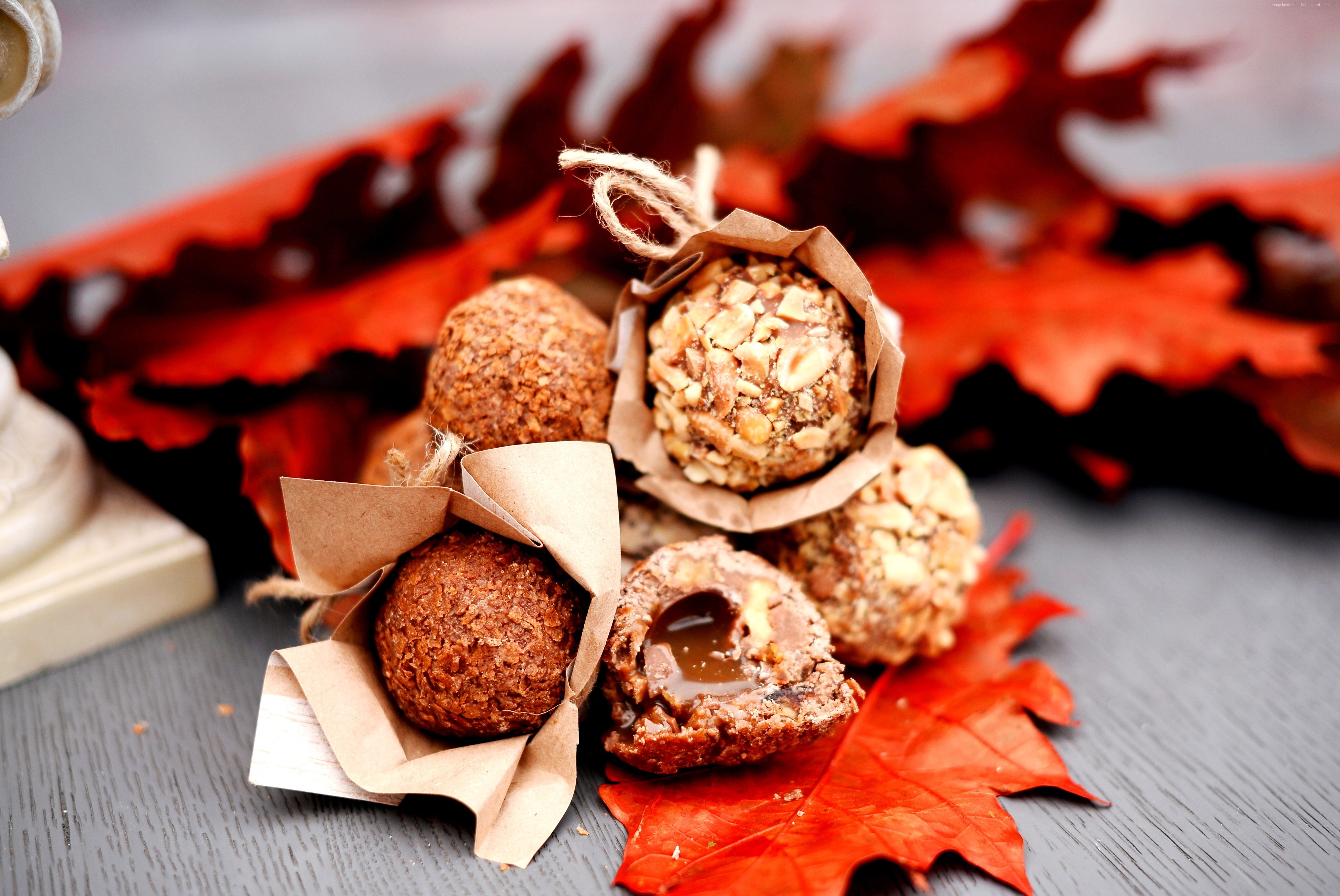 Chocolate truffles with caramel and peanuts on autumn leaves HD Wallpaper