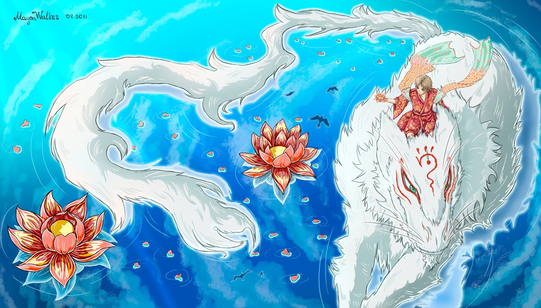 Illustration of Natsume from Natsume Yuujinchou with a white fox spirit HD Wallpaper