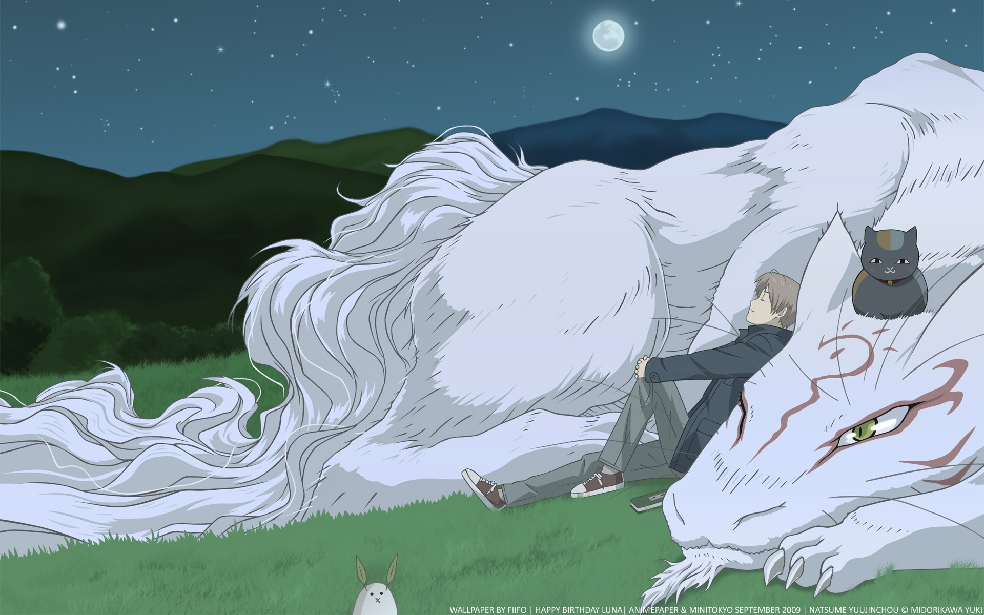 Natsume Yuujinchou: Natsume and Nyanko-sensei under the moon HD Wallpaper