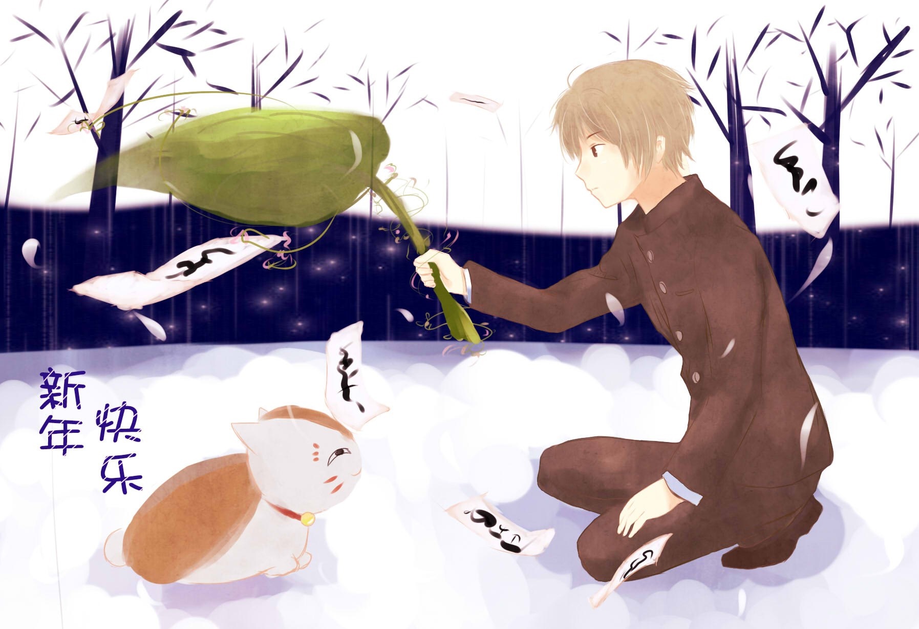 Natsume Yuujinchou: Takashi and Nyanko-sensei in the snow HD Wallpaper