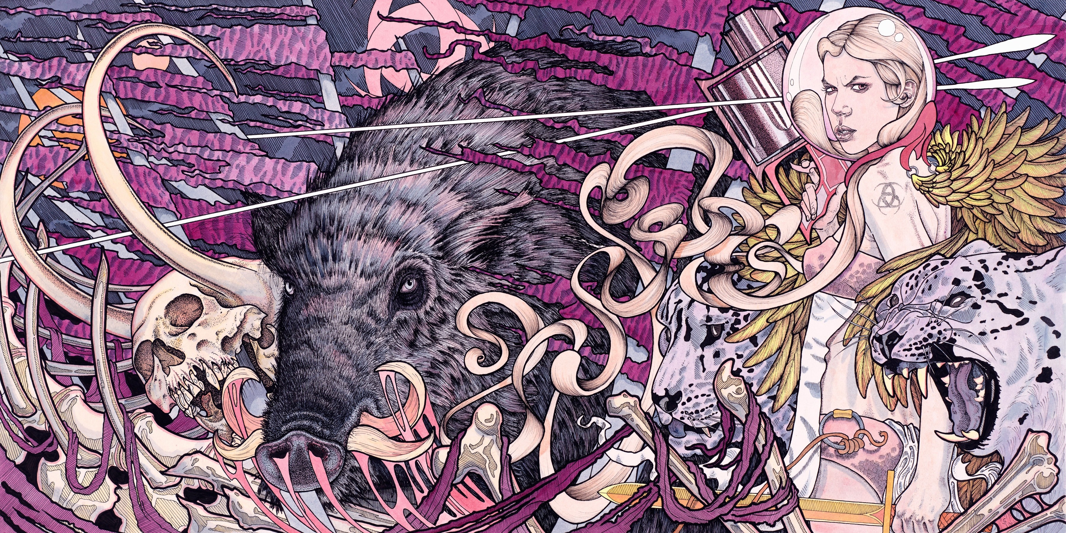 Illustration of a woman in a spacesuit with a boar and tigers HD Wallpaper