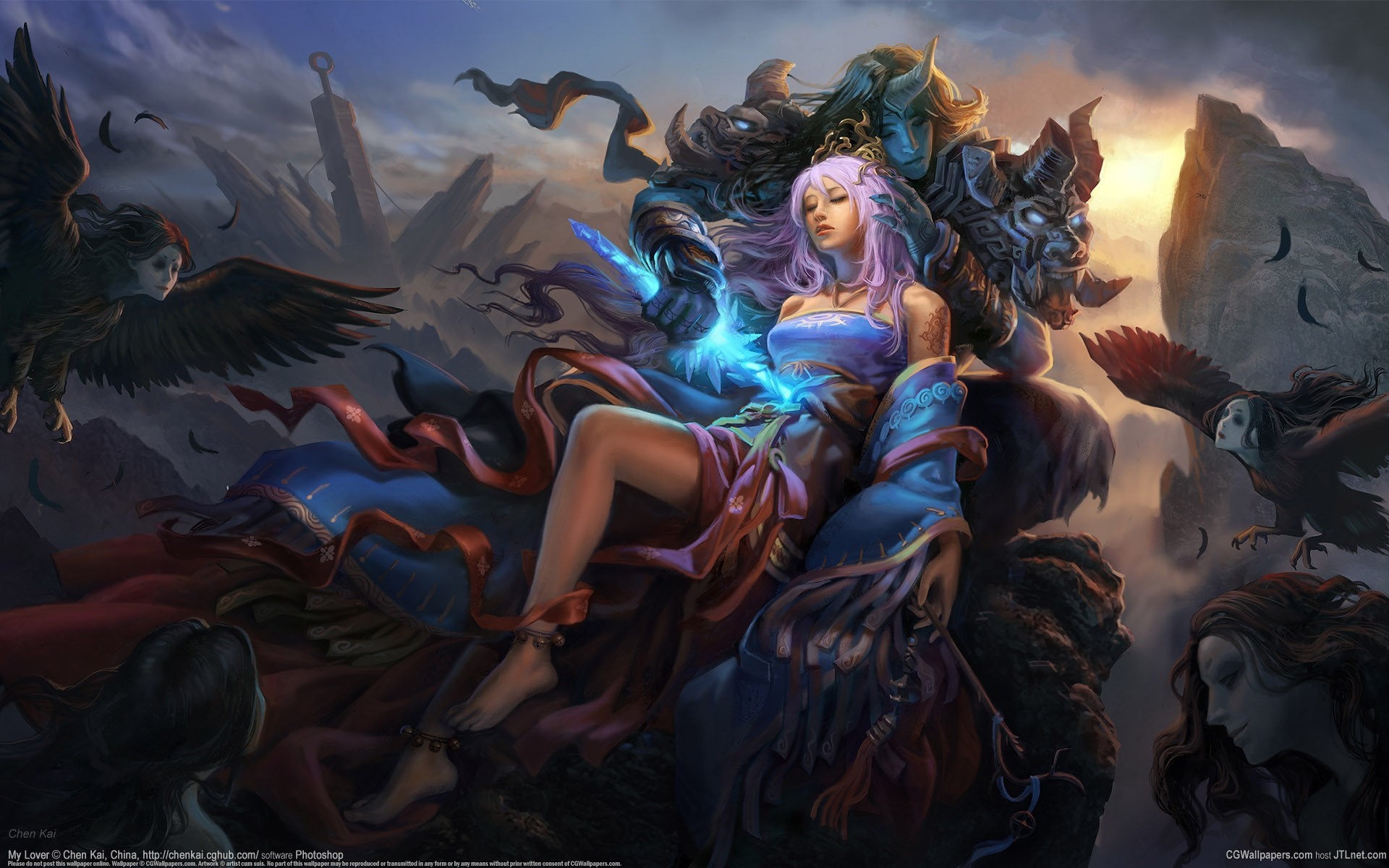 Fantasy art of a woman with purple hair and a demon HD Wallpaper