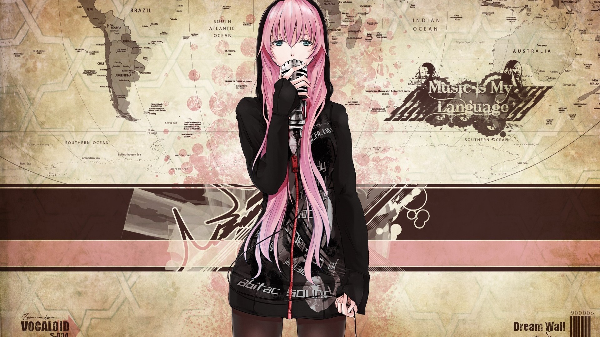 Megurine Luka from Vocaloid singing with a microphone in front of a world map HD Wallpaper