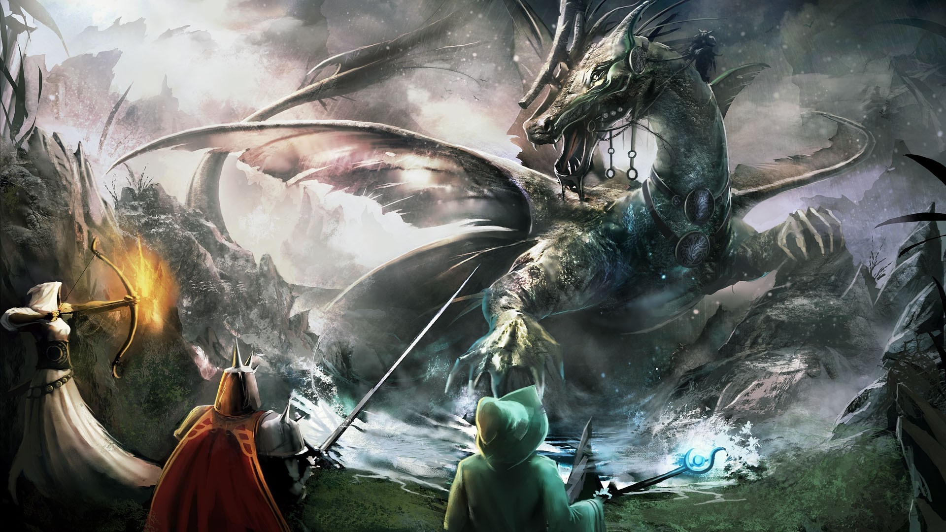 Dragon battle with archer and mages from Trine HD Wallpaper