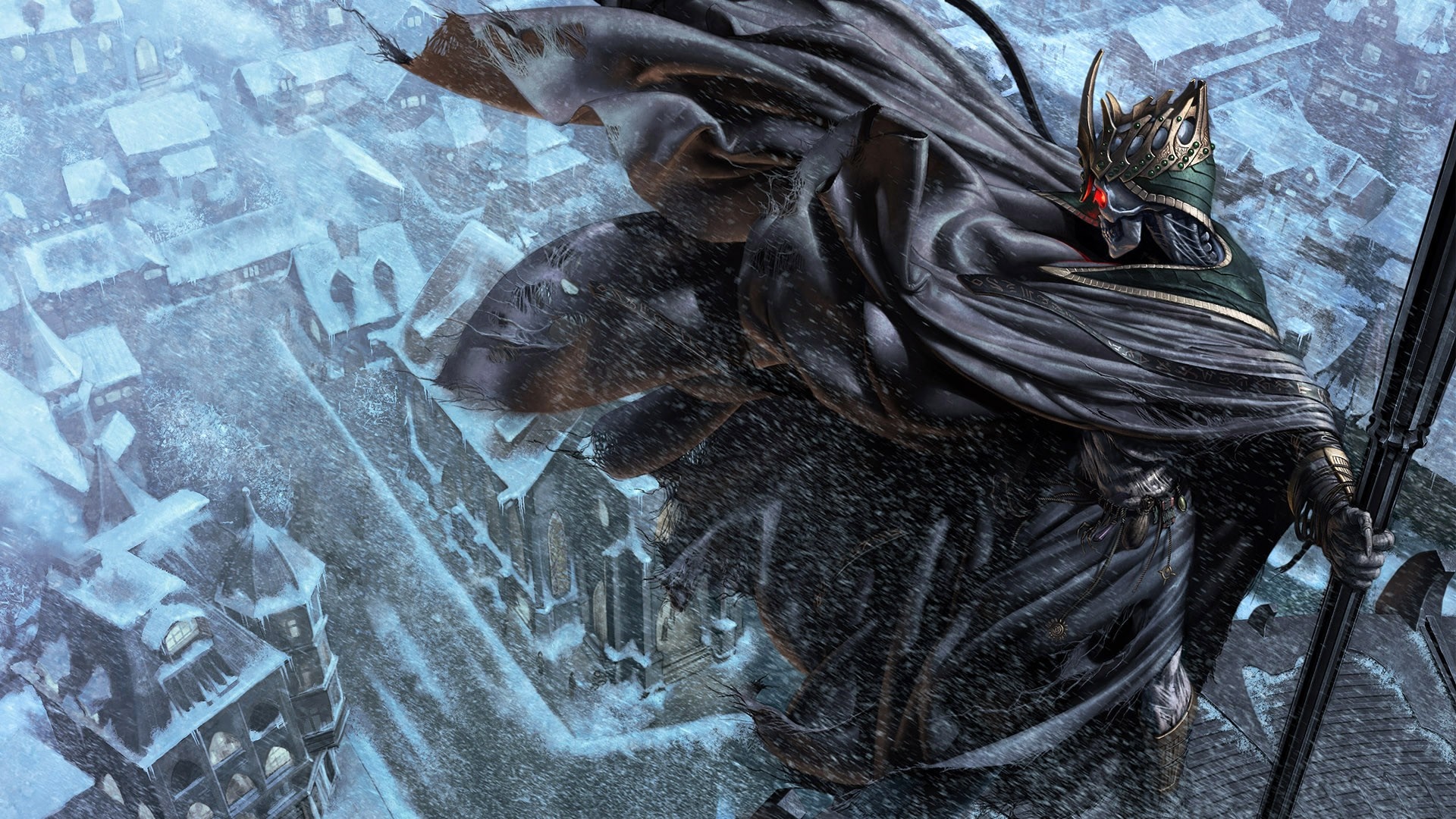 Dark figure in a black cloak over a snowy town HD Wallpaper