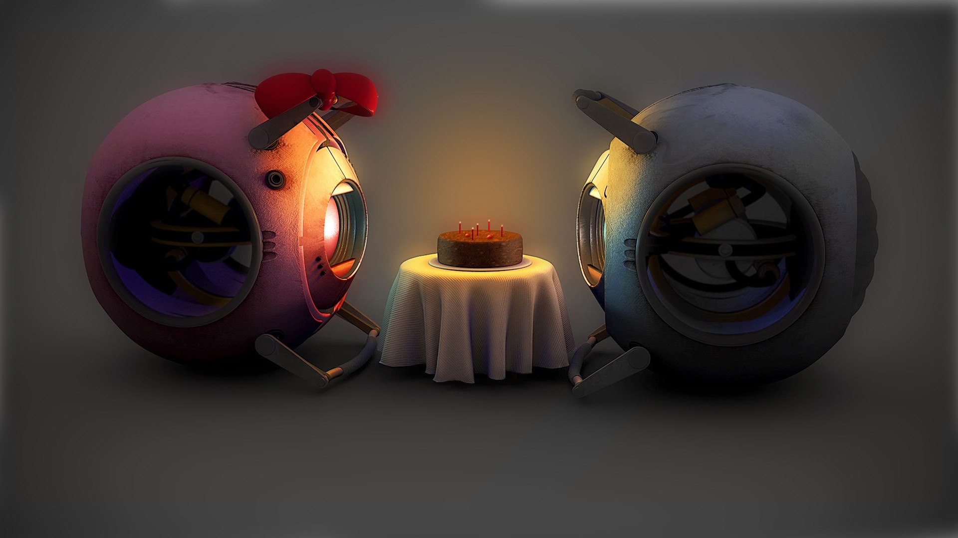 Atlas and P-Body from Portal 2 with a birthday cake HD Wallpaper