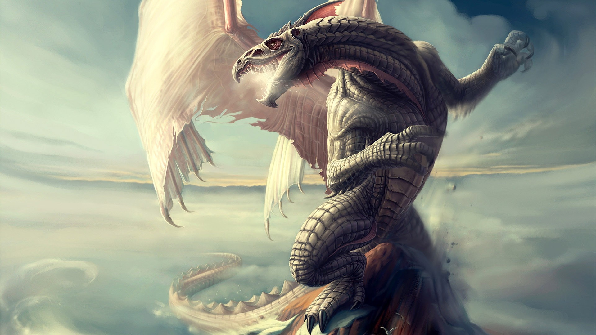 A dragon perched on a rock above the clouds HD Wallpaper