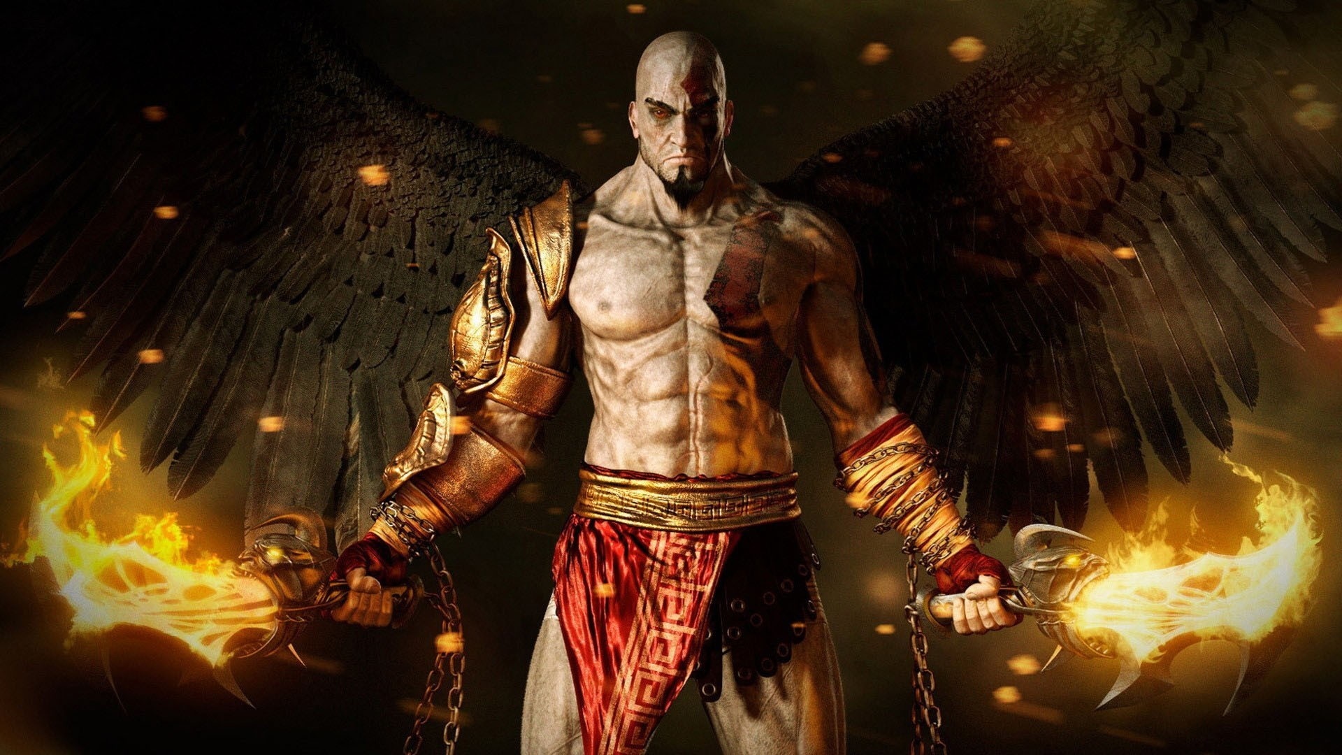 Kratos from God of War with flaming blades and wings HD Wallpaper
