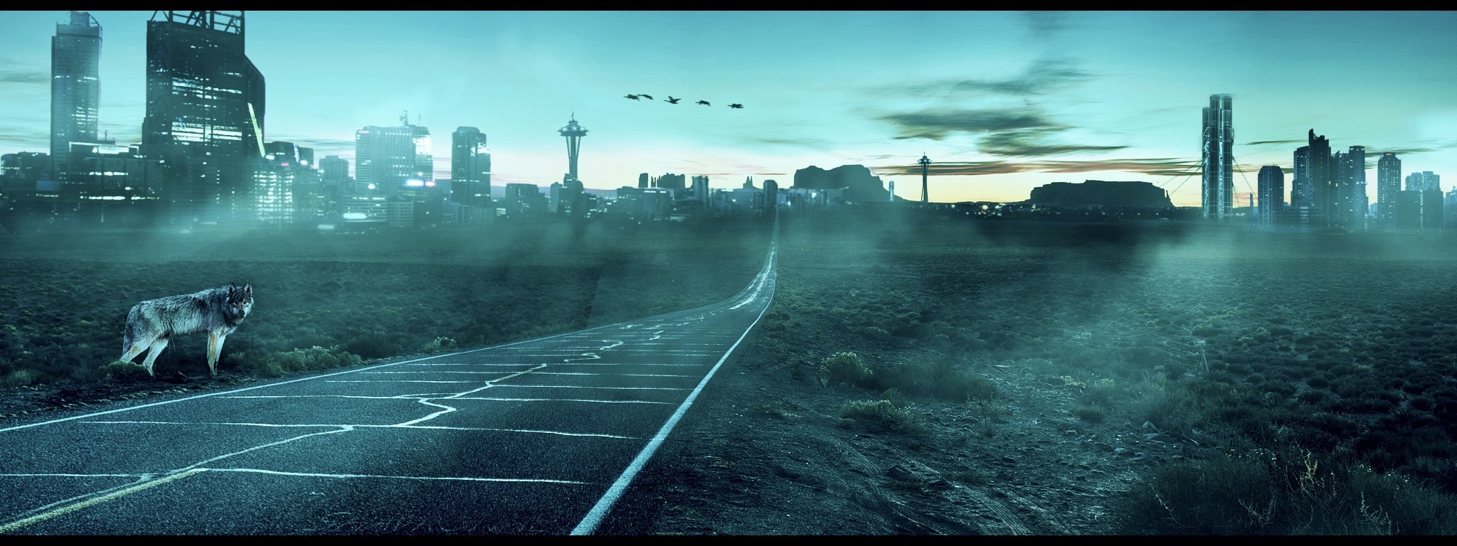 Wolf on road in front of foggy futuristic cityscape HD Wallpaper