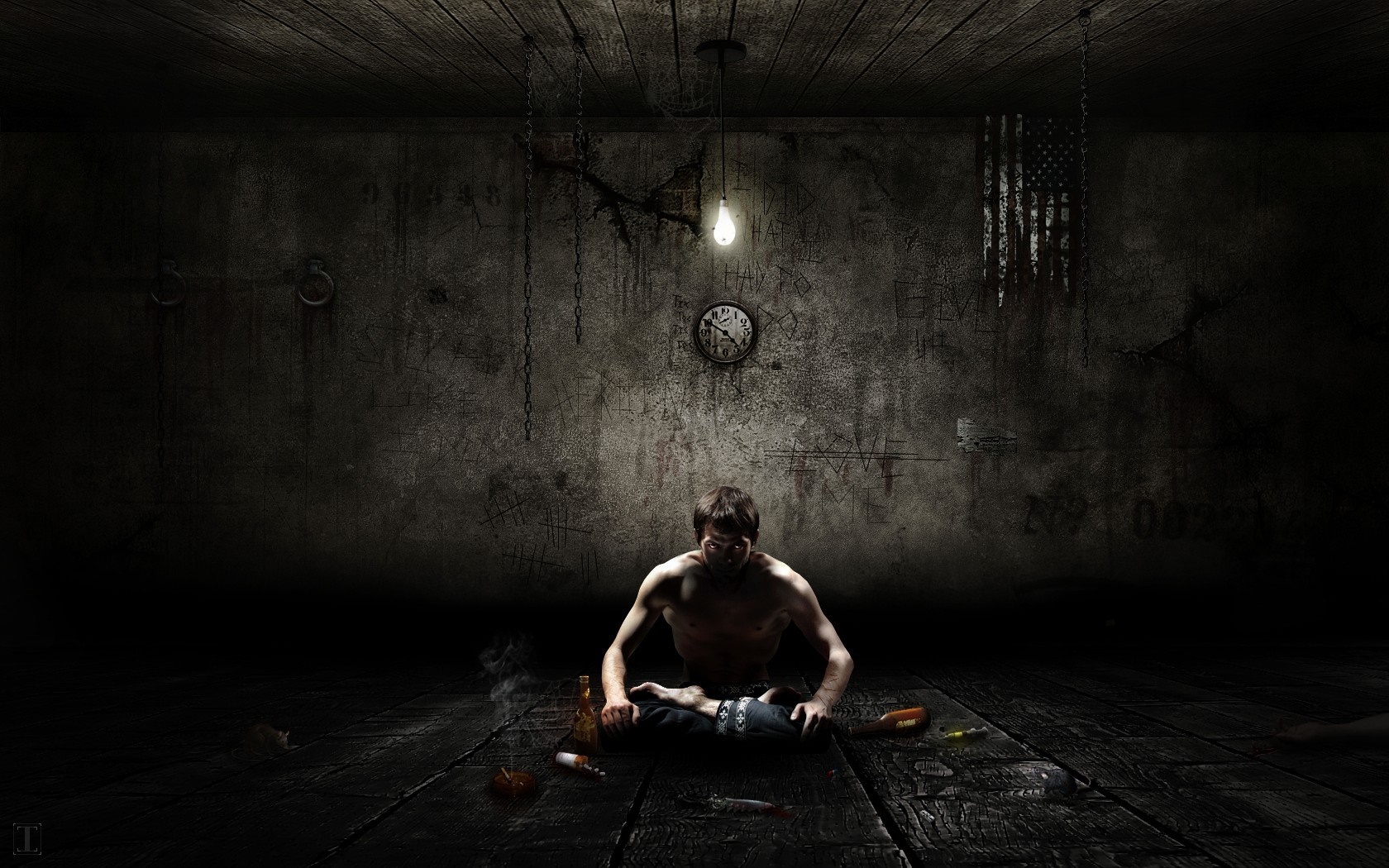 Man sitting in a dark room with a clock and flag HD Wallpaper