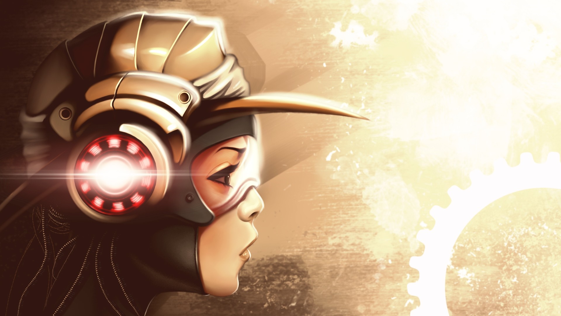 Steampunk girl with glowing eye and gears HD Wallpaper