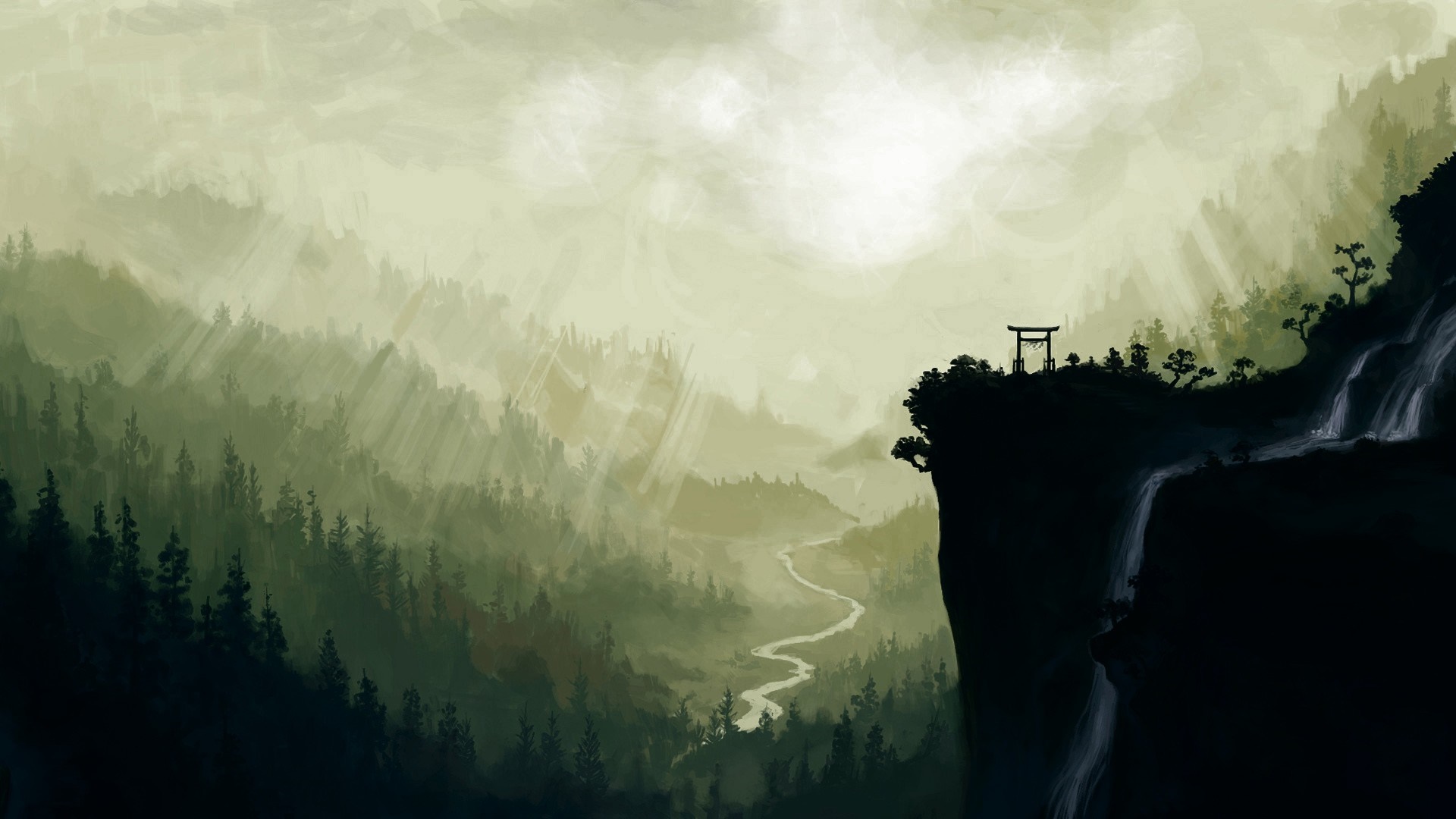 Misty mountain valley with a torii gate and waterfall HD Wallpaper
