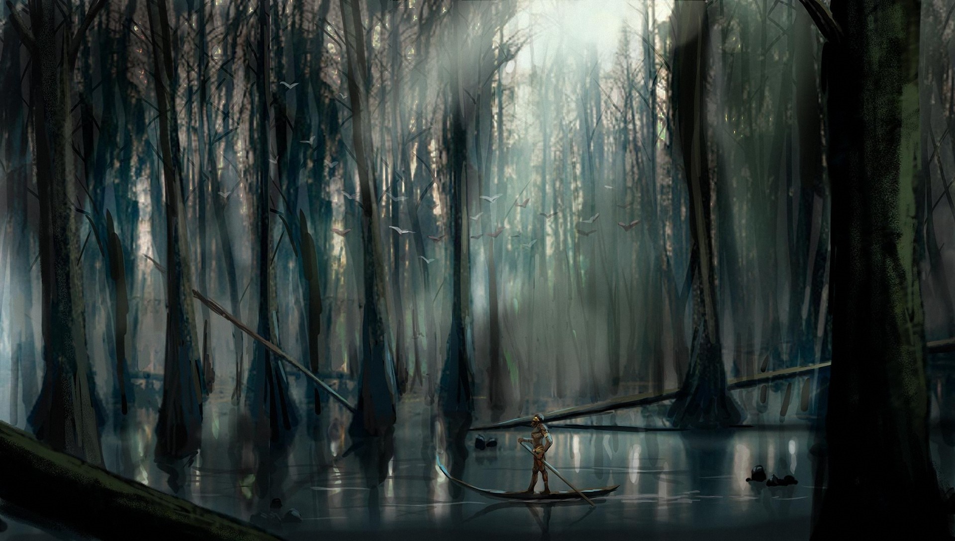 Artwork of a person in a boat in a dark swamp HD Wallpaper