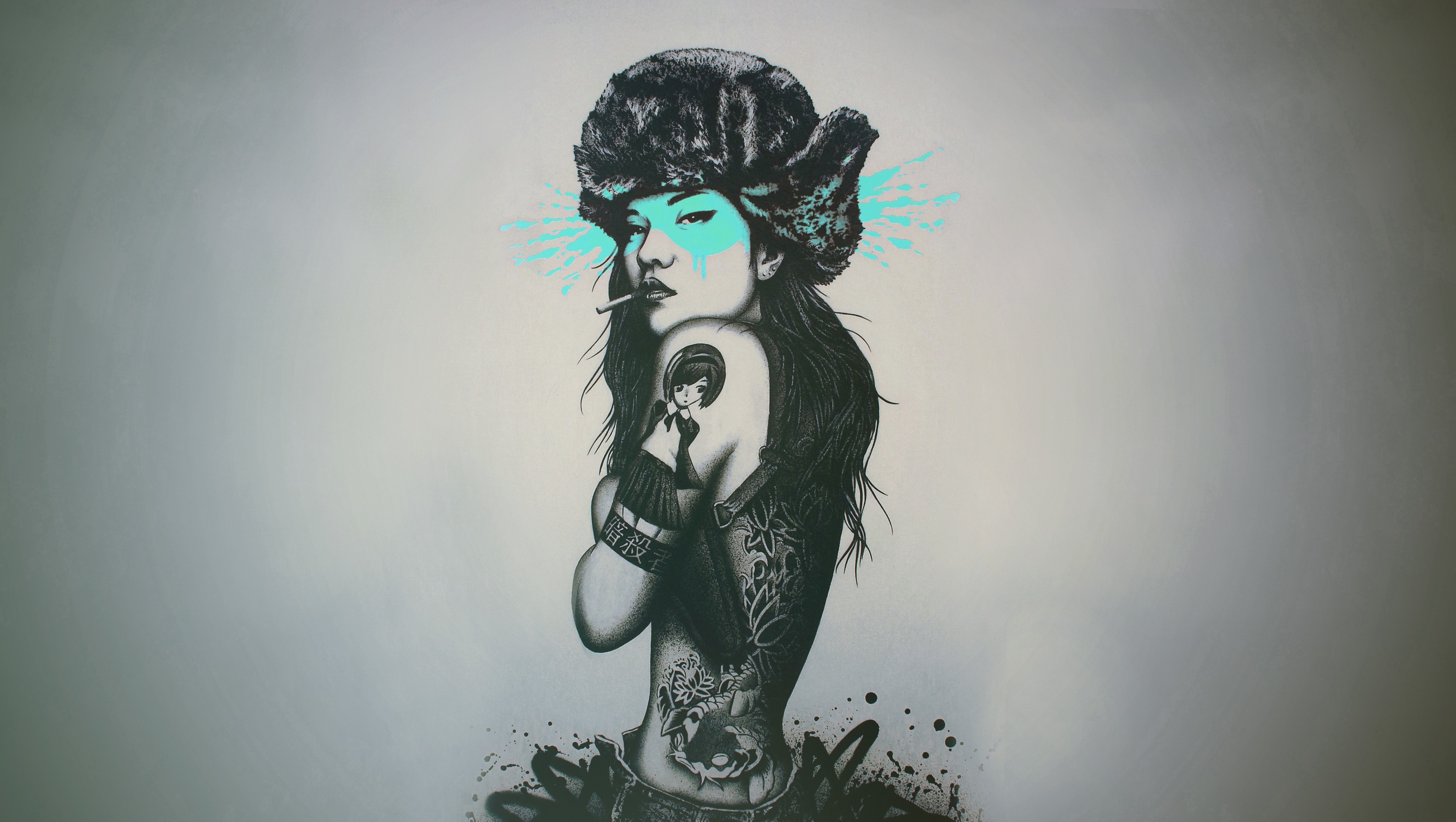 Woman with fur hat and tattoos smoking a cigarette HD Wallpaper