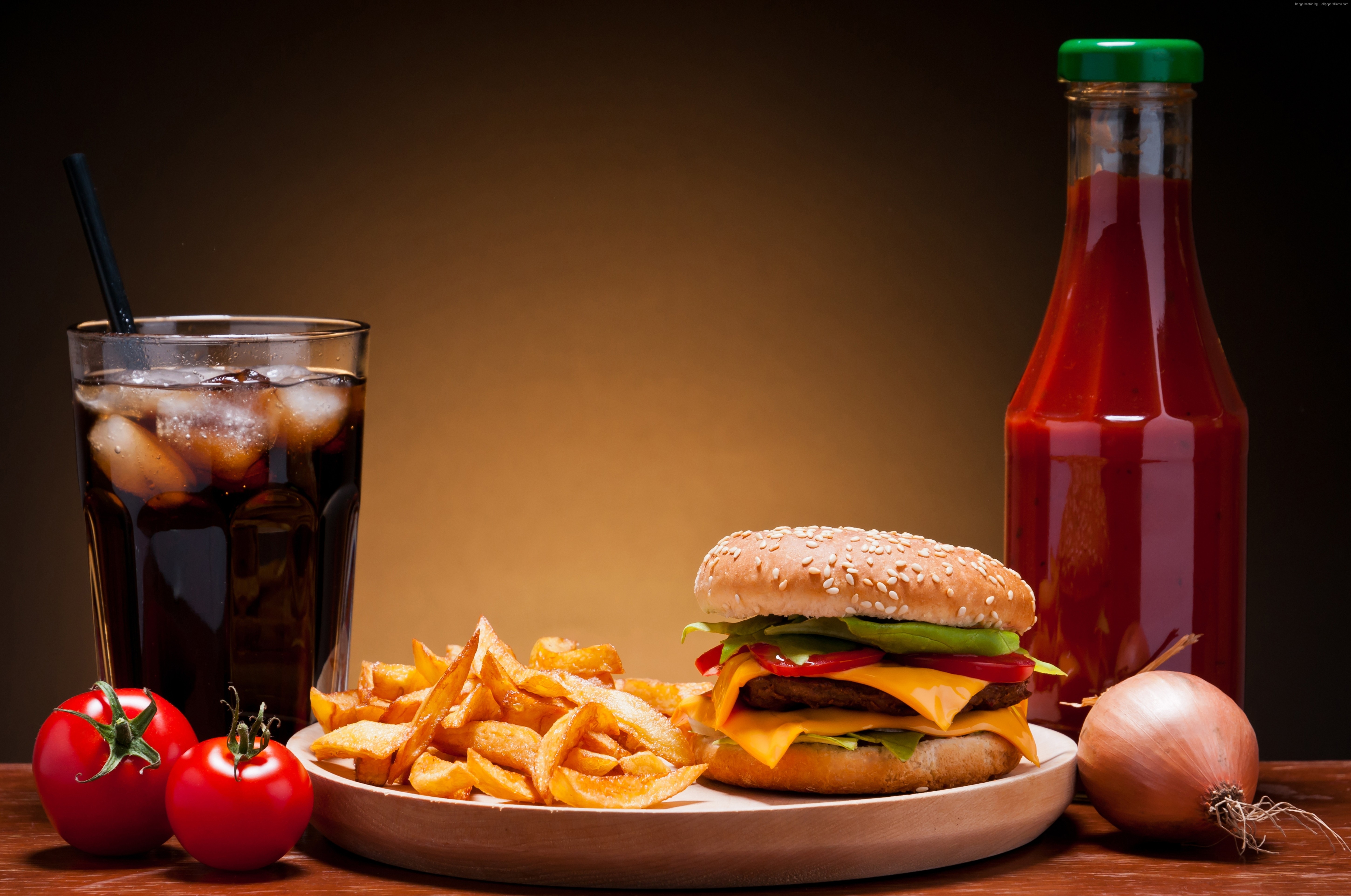 ketchup, cheeseburger, french fries, cheese, ice, onion, steak, coca-cola, cherry tomatoes, fast food HD Wallpaper