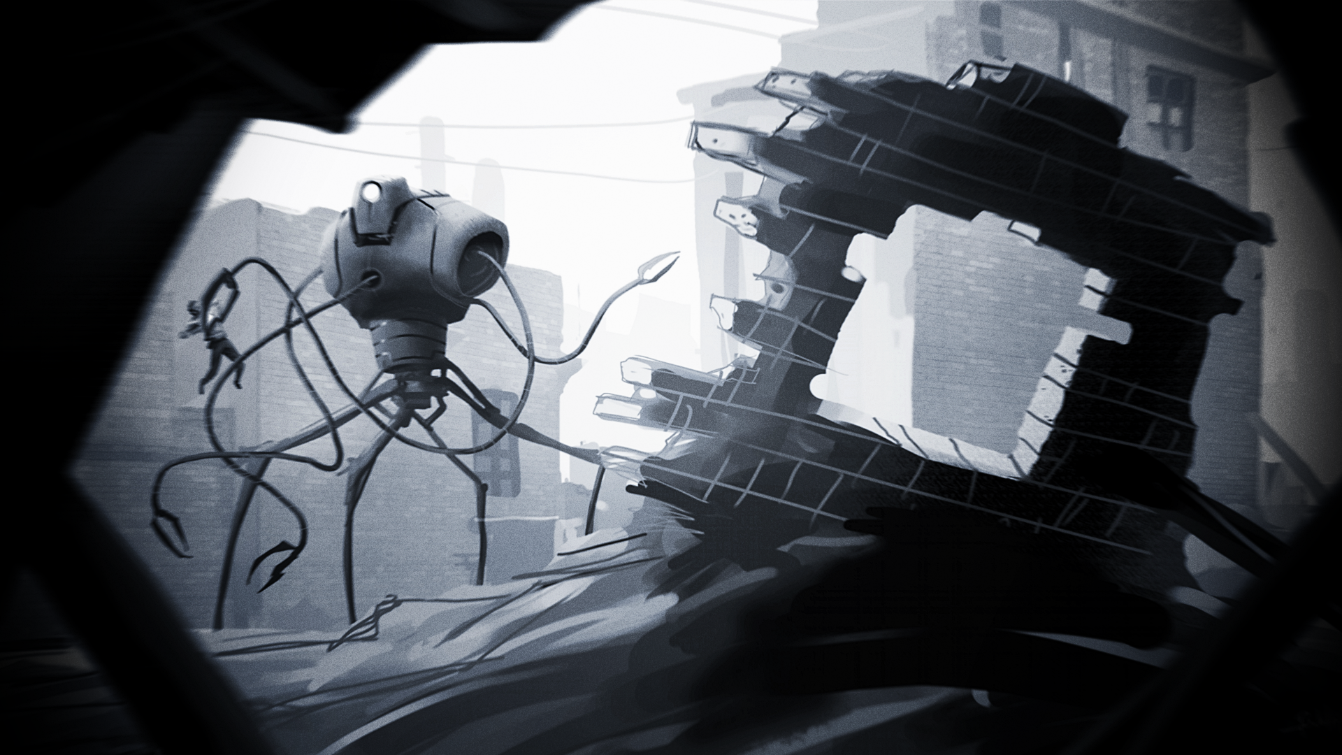 War of the Worlds tripod in ruined city HD Wallpaper