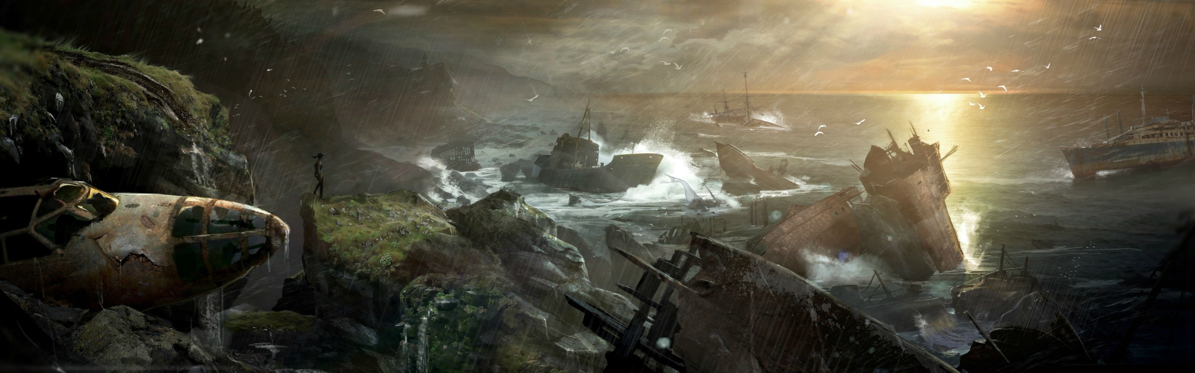 Shipwrecks on a rocky coast during a storm HD Wallpaper