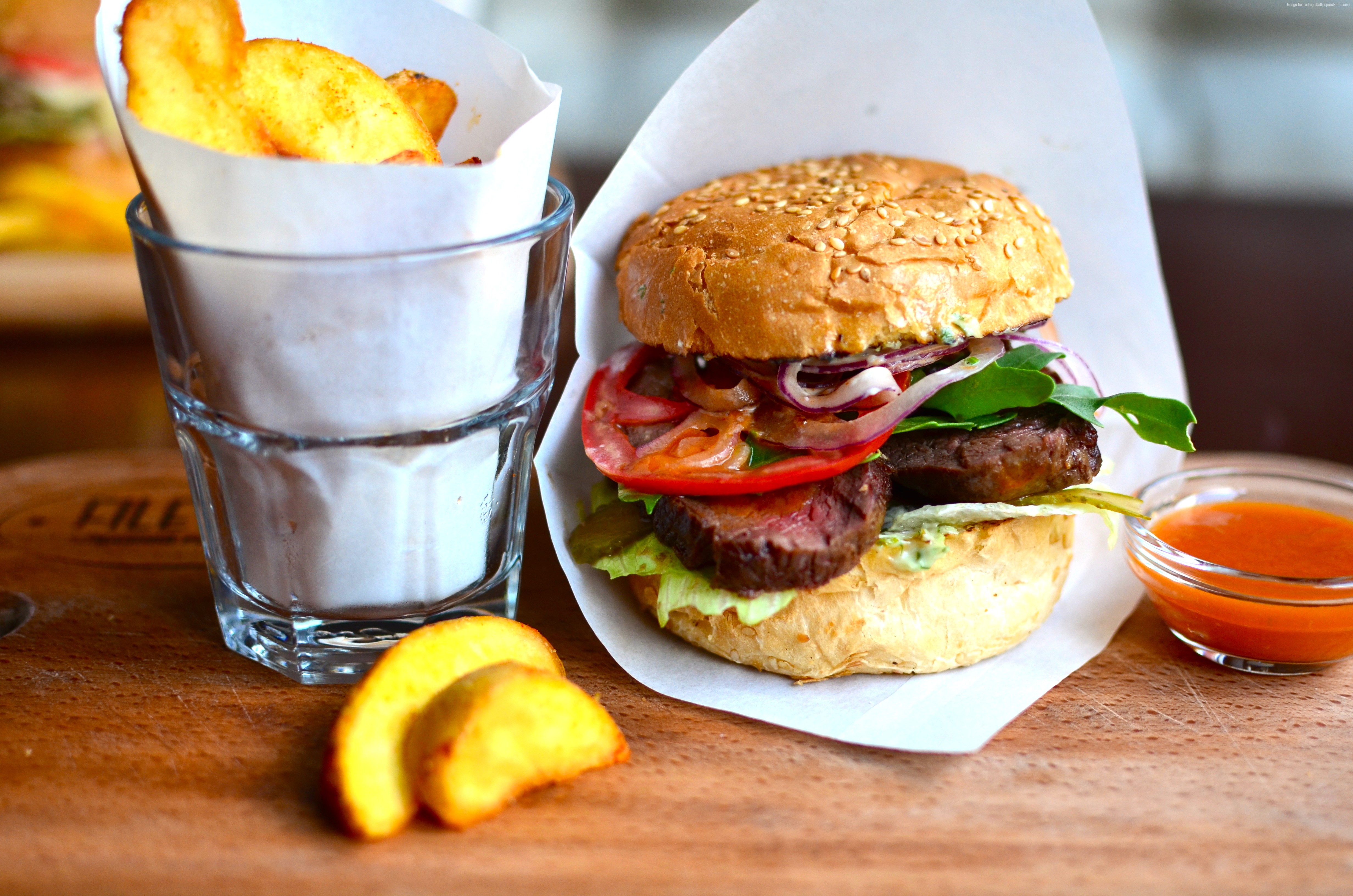 Burger with fries and dipping sauce HD Wallpaper