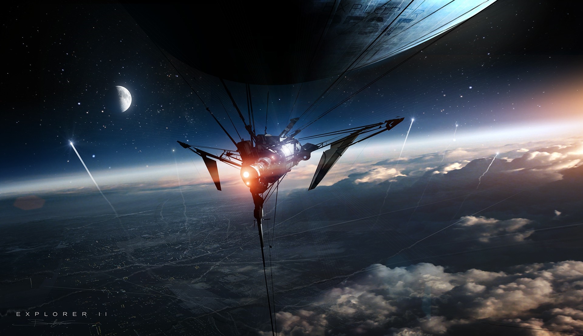 Explorer II spaceship above Earth with Moon in background HD Wallpaper