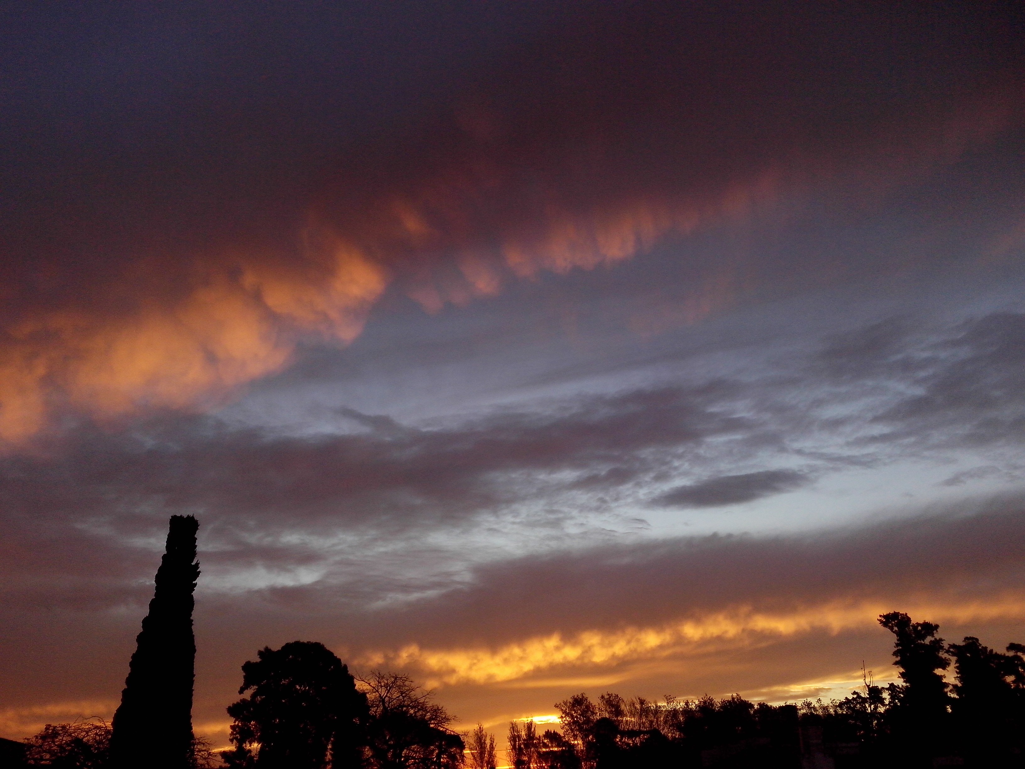 Sunset clouds over silhouetted trees and a tall spire HD Wallpaper