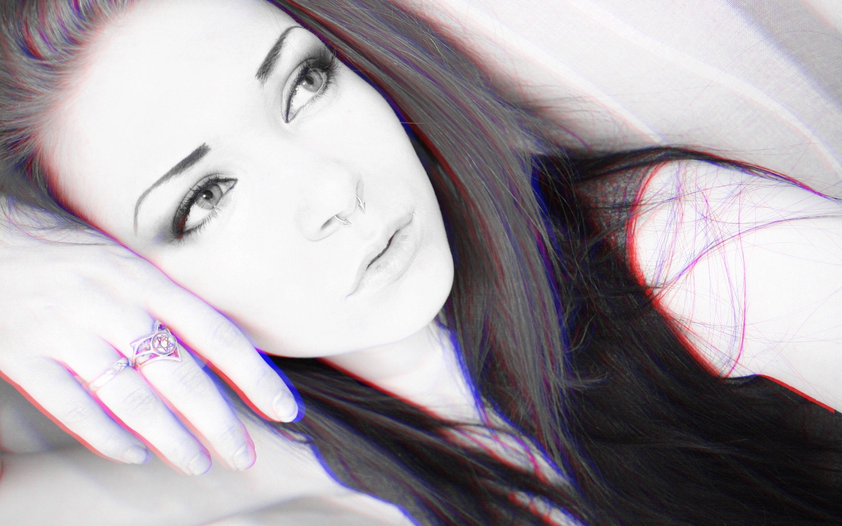 Woman with black hair and anaglyph 3D effect HD Wallpaper