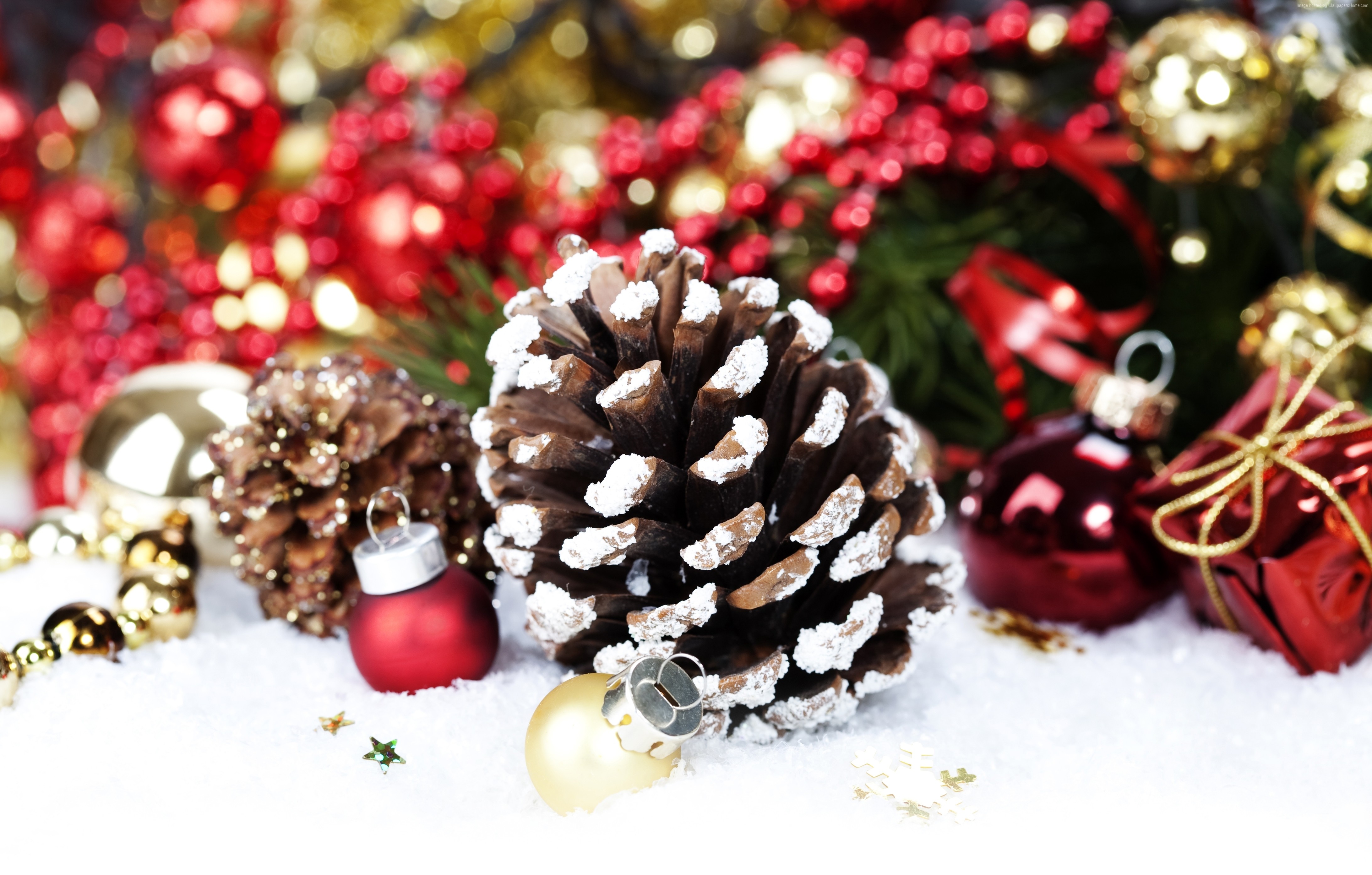 Christmas Decorations with Pinecones and Ornaments on Snow HD Wallpaper