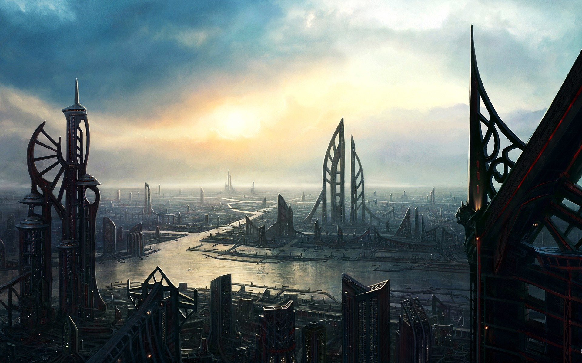 Futuristic cityscape at sunset with towering skyscrapers HD Wallpaper