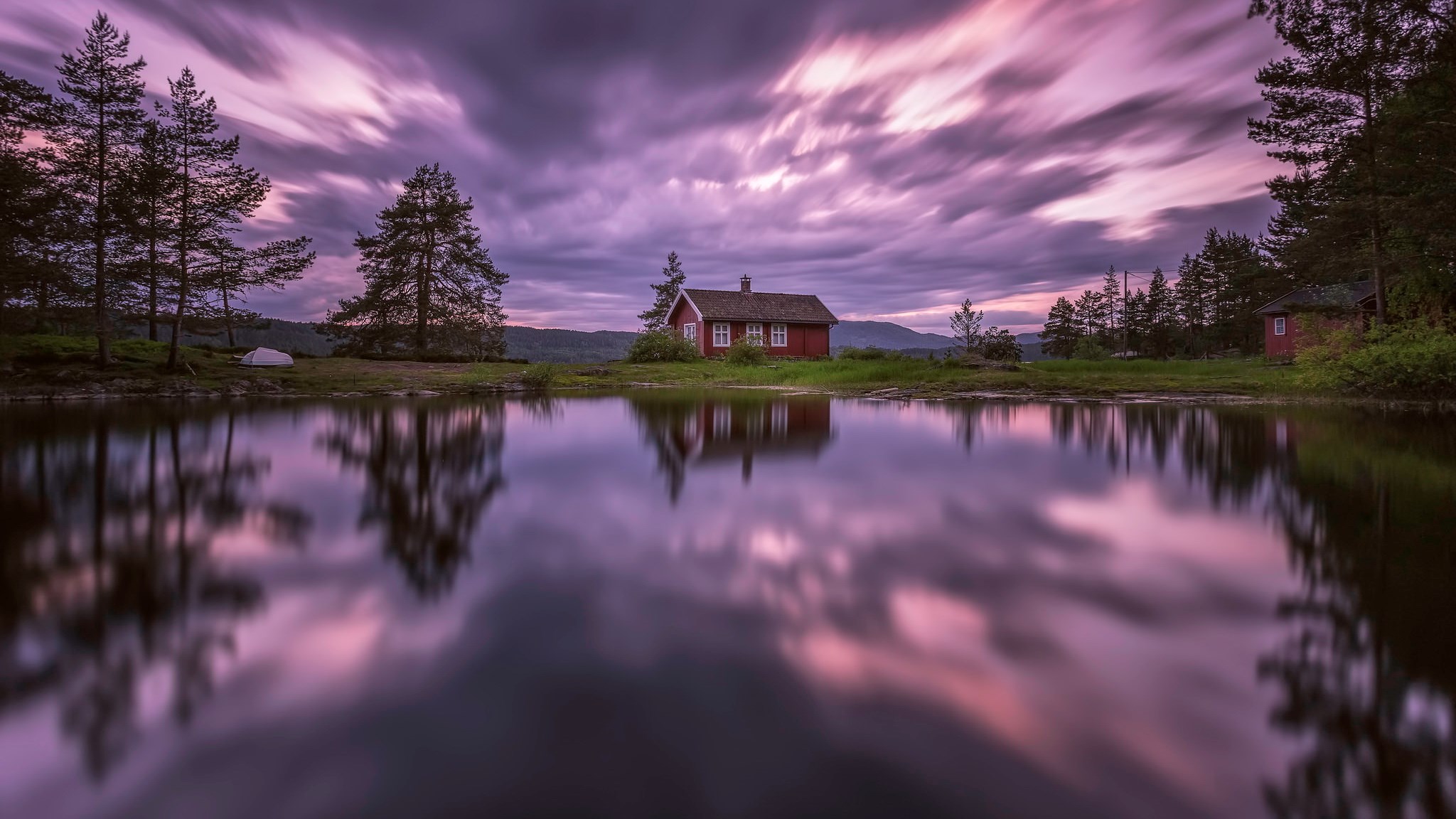 Red cabin by a lake with purple clouds HD Wallpaper