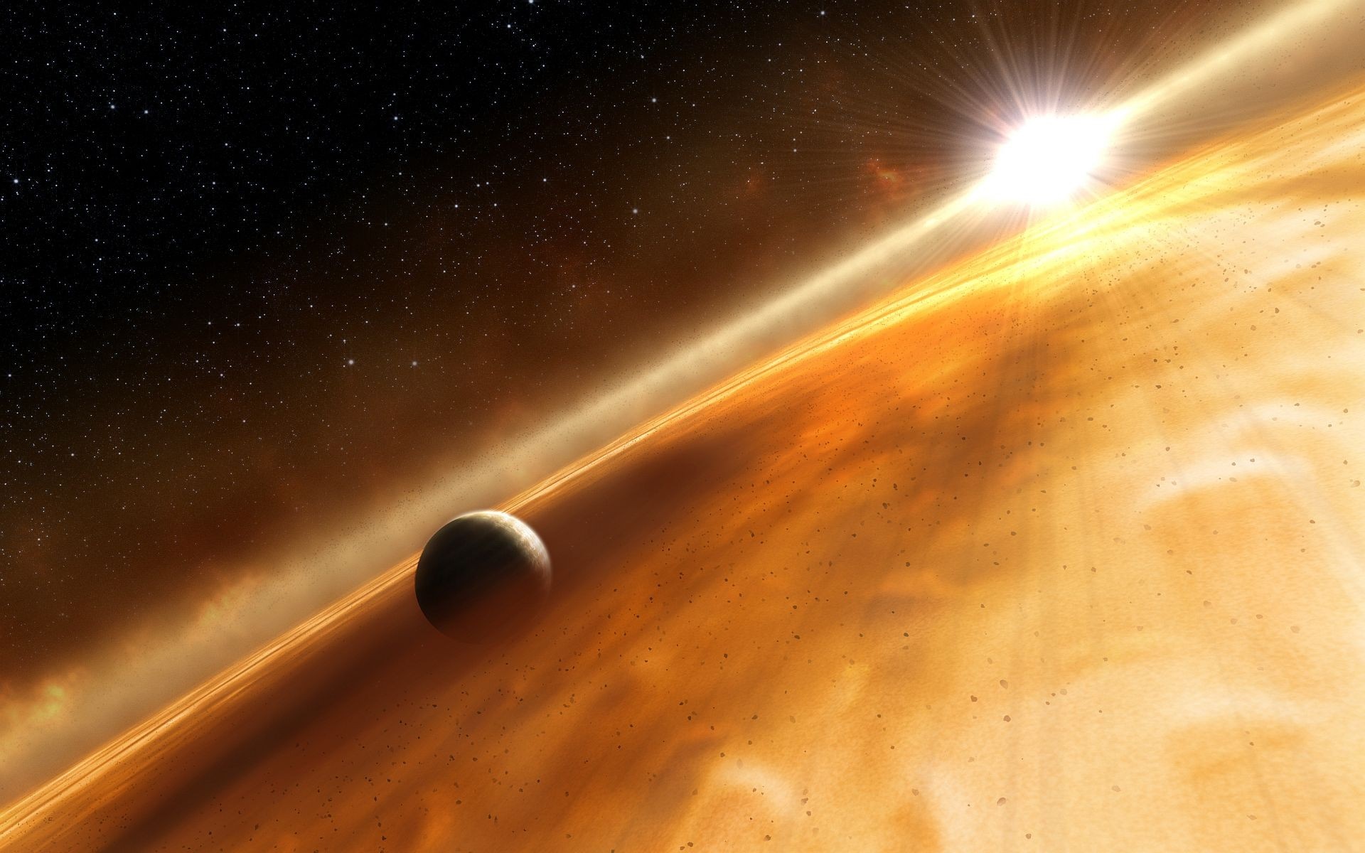 Planet and star in outer space HD Wallpaper
